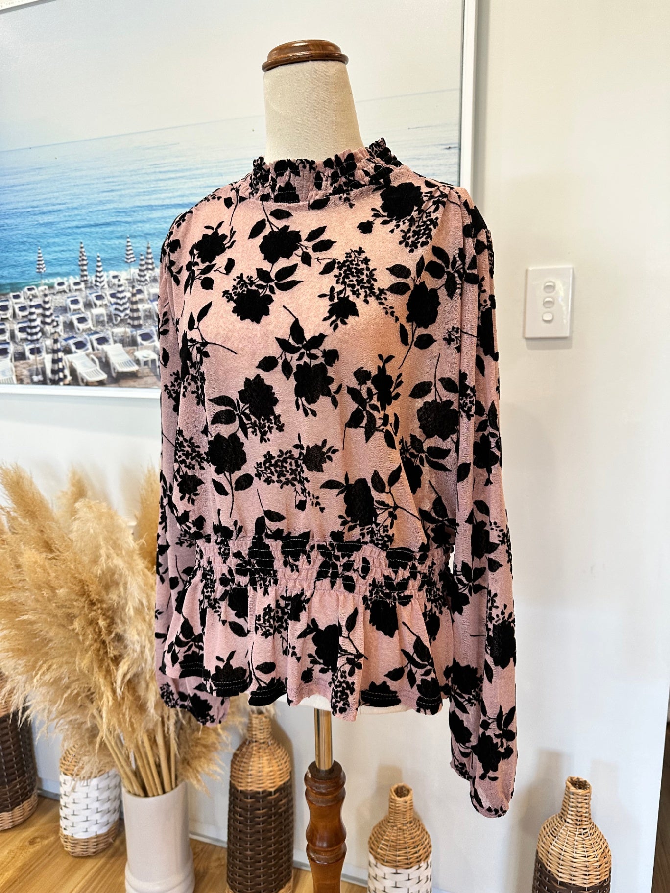 Caroline Morgan Blouse - Size 12 - Rose Pink and Black