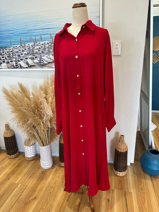 Shirt Dress with Pockets - Large - Red