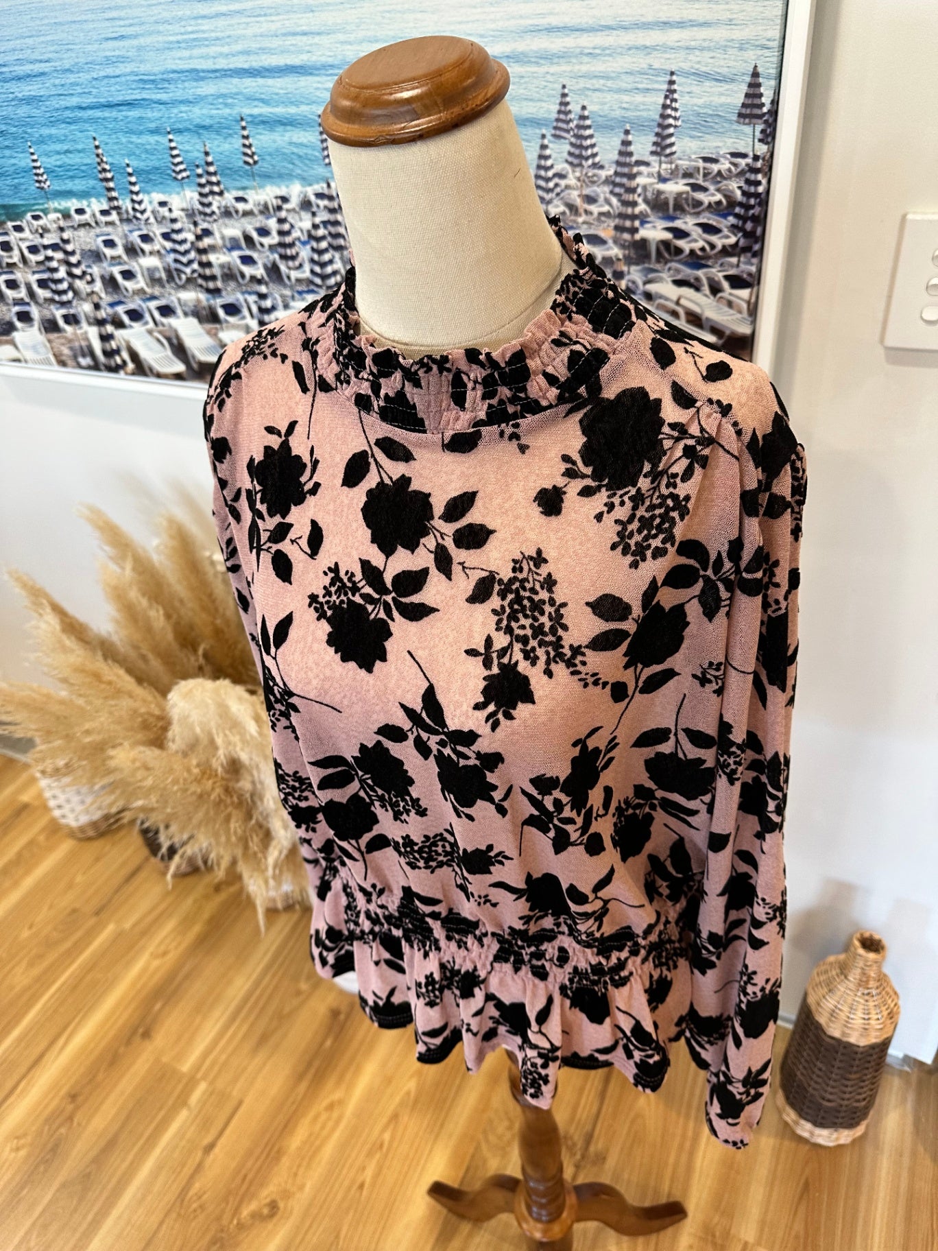 Caroline Morgan Blouse - Size 12 - Rose Pink and Black
