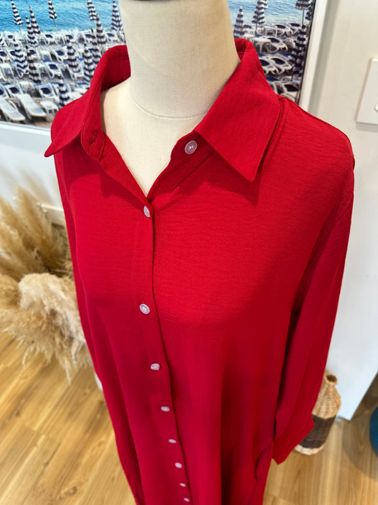 Shirt Dress with Pockets - Large - Red