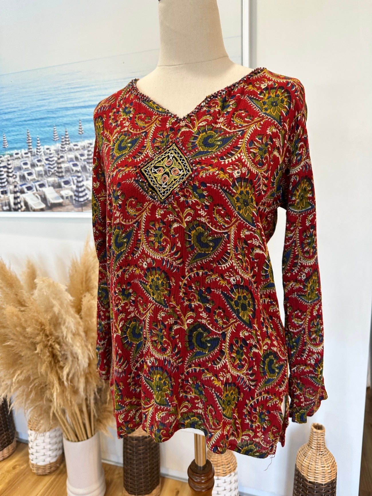 Bohemian Blouse - Red w Bead Neckline - Small