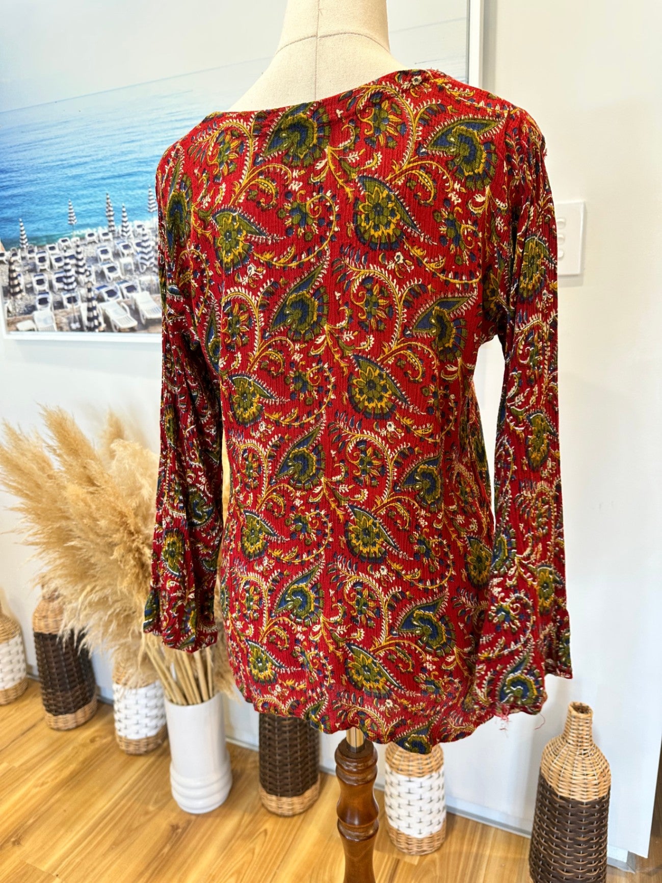 Bohemian Blouse - Red w Bead Neckline - Small