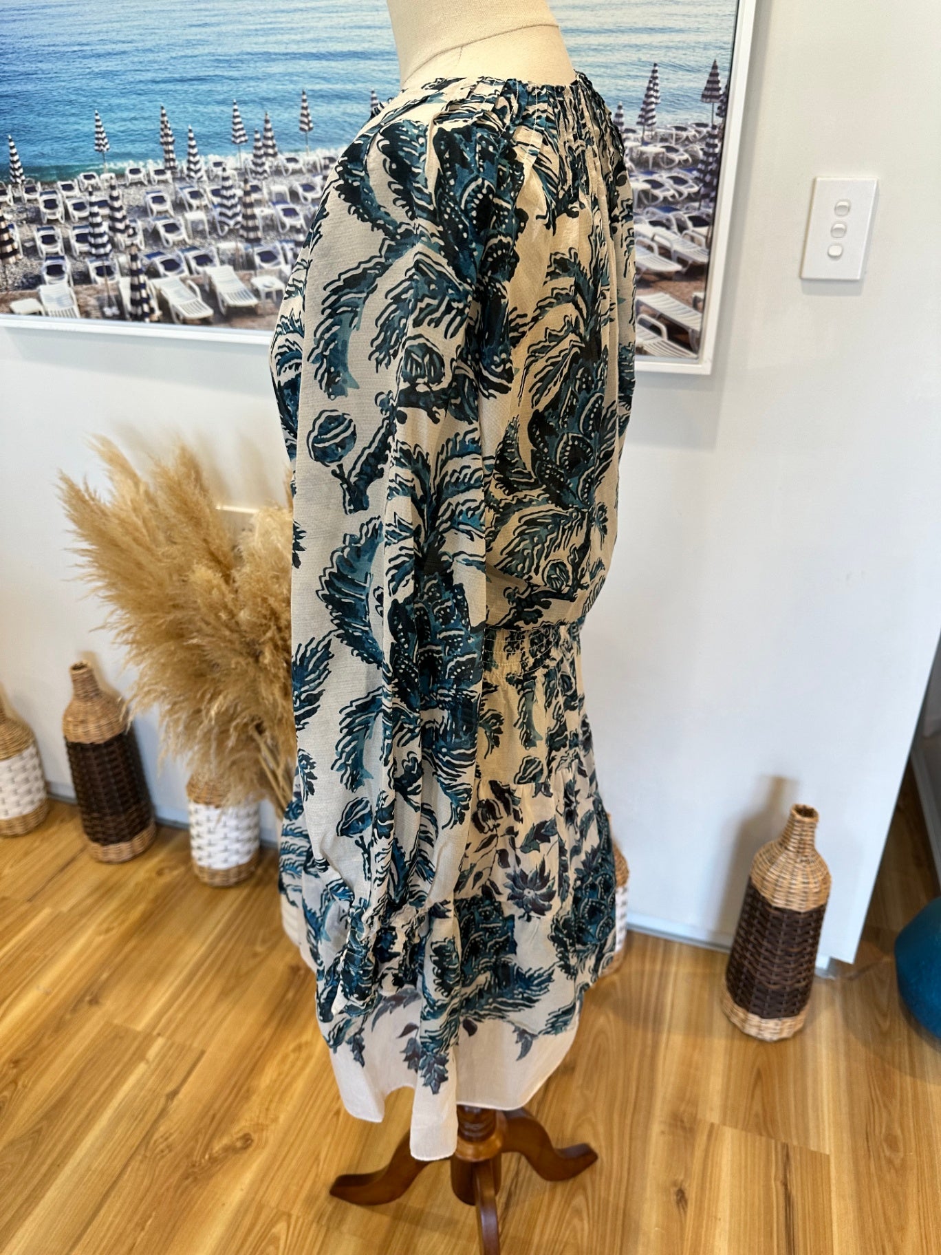 [SALE] OnceWas - Melbourne - 30% Silk + 70% Cotton Dress - Size 1 / Small - Beige and blue RRP: $429.00