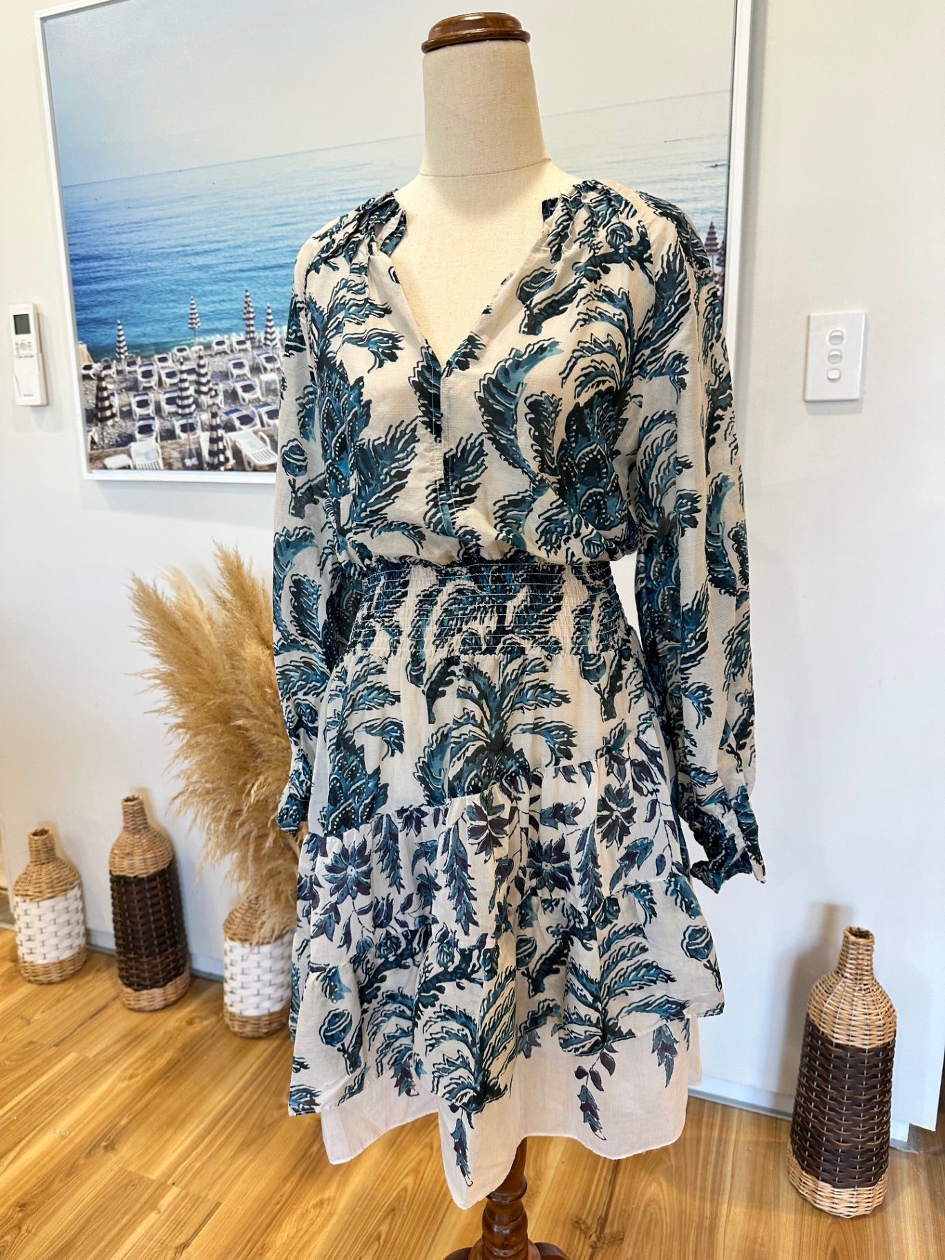[SALE] OnceWas - Melbourne - 30% Silk + 70% Cotton Dress - Size 1 / Small - Beige and blue RRP: $429.00