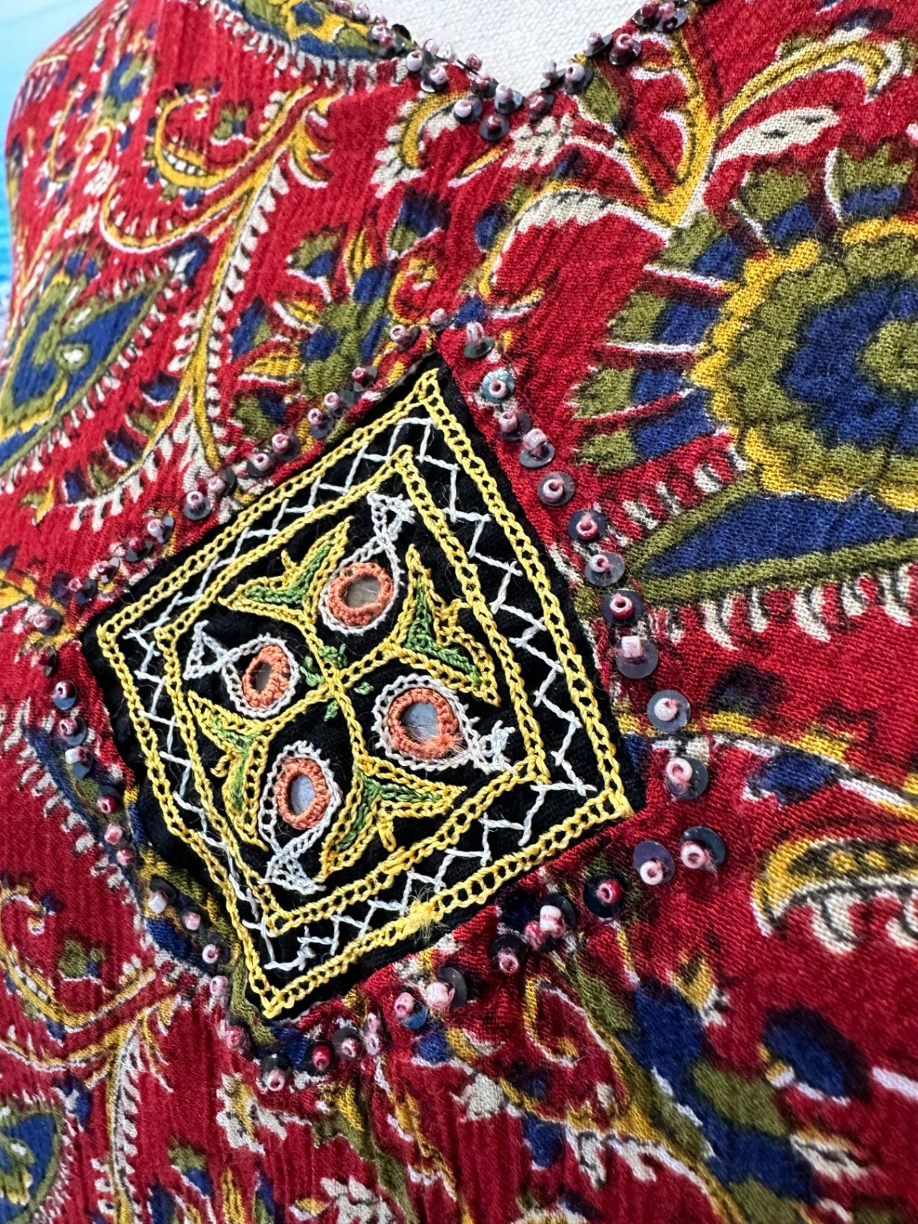 Bohemian Blouse - Red w Bead Neckline - Small