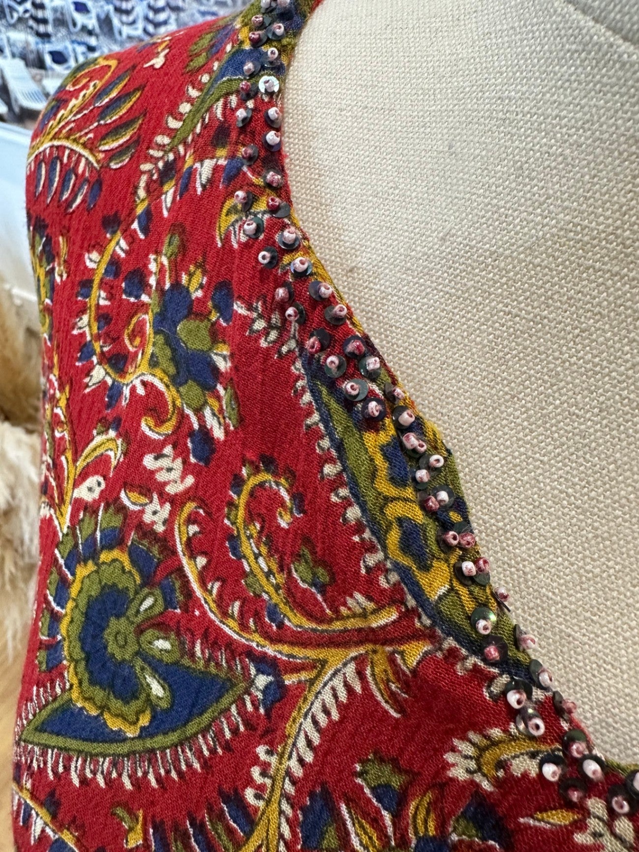 Bohemian Blouse - Red w Bead Neckline - Small