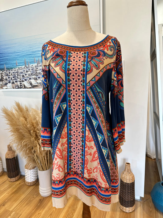 Flying Tomato - Bohemian Blouse (or short dress) w Bell Sleeves - Large - Multicoloured