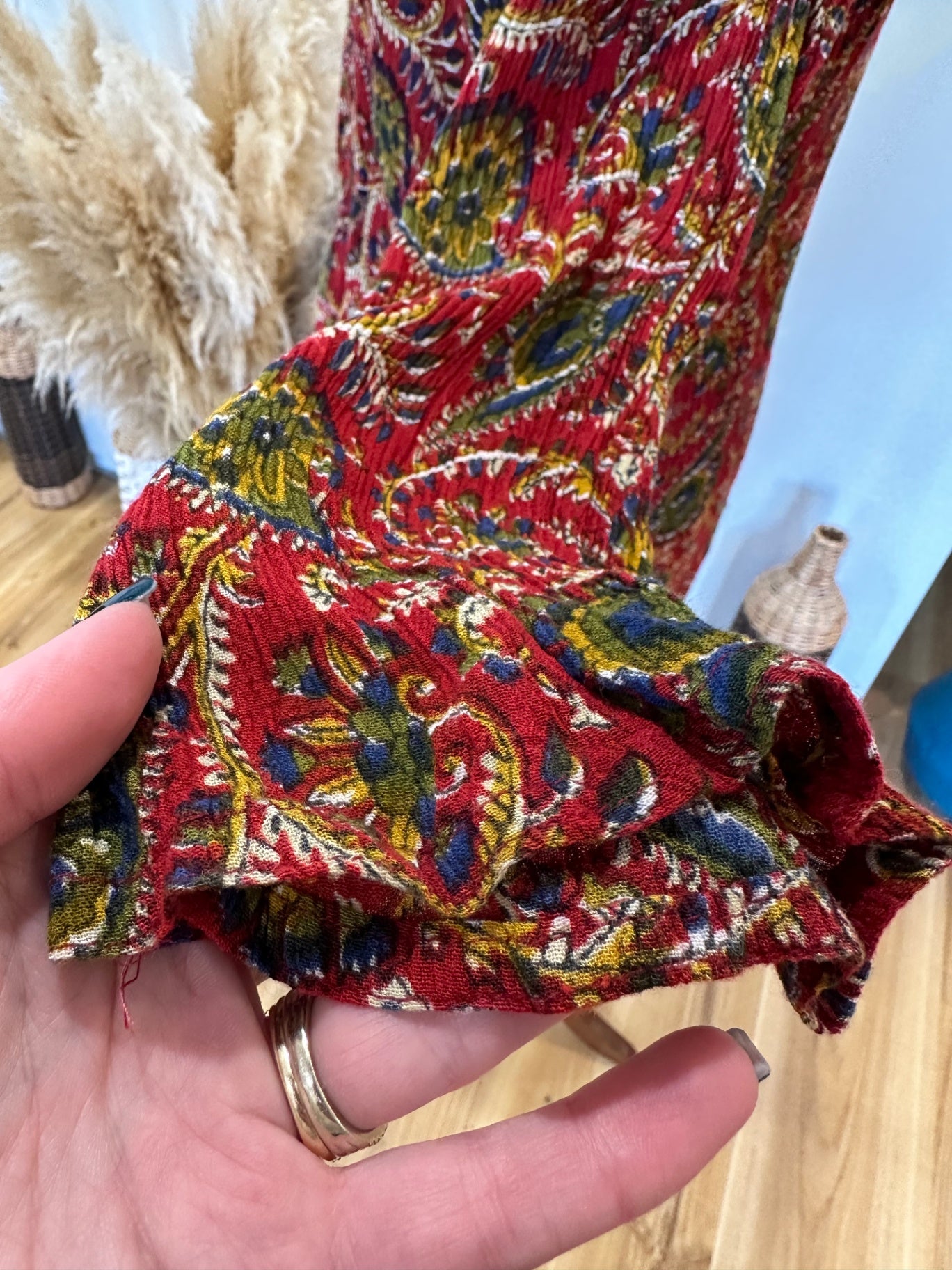 Bohemian Blouse - Red w Bead Neckline - Small