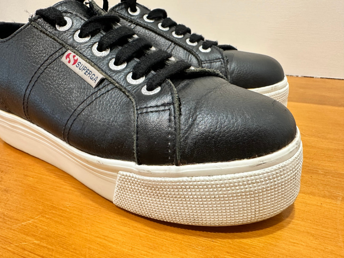 Superga - Black Leather Platform Sneakers - Size EU39