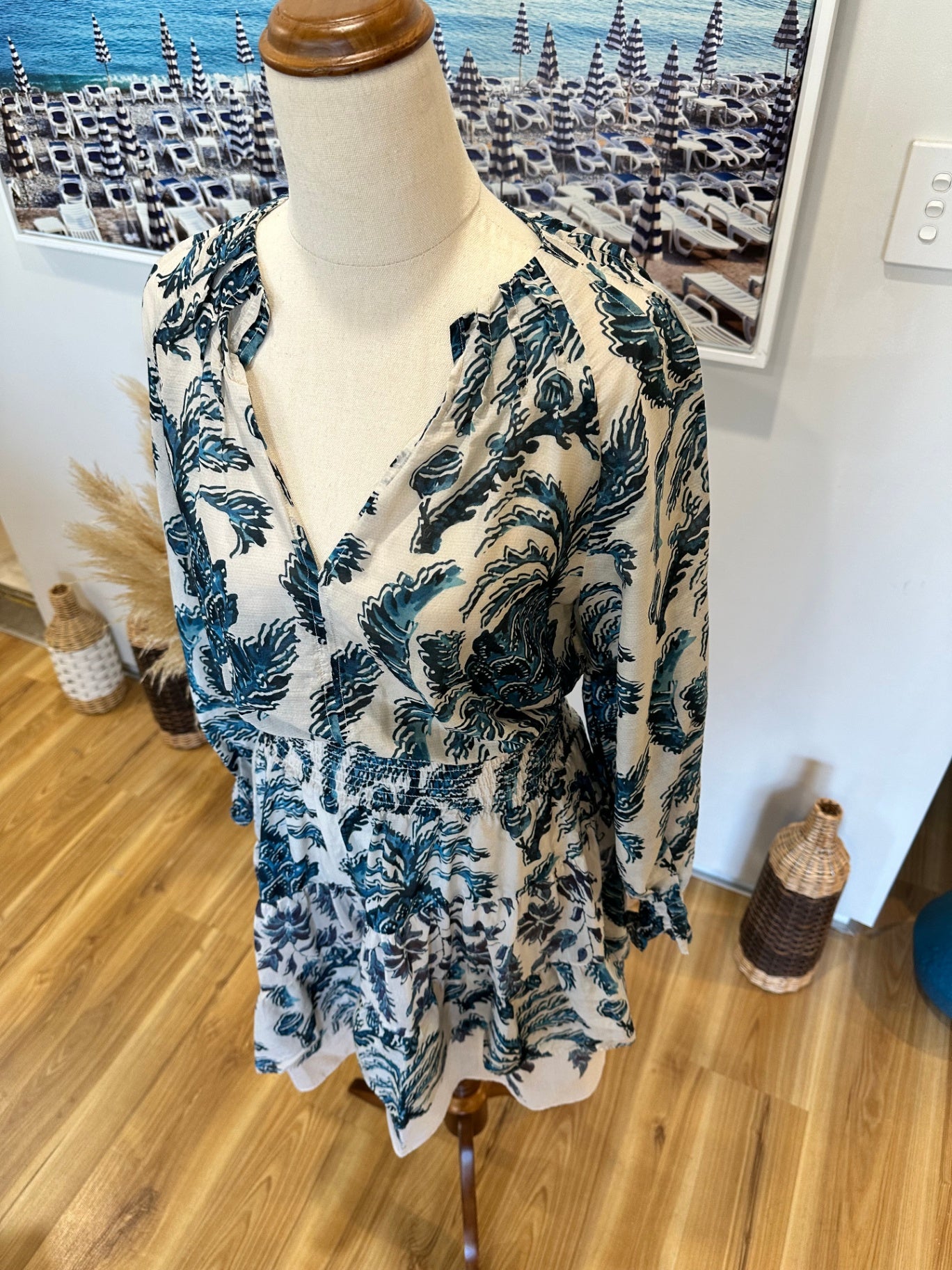 [SALE] OnceWas - Melbourne - 30% Silk + 70% Cotton Dress - Size 1 / Small - Beige and blue RRP: $429.00