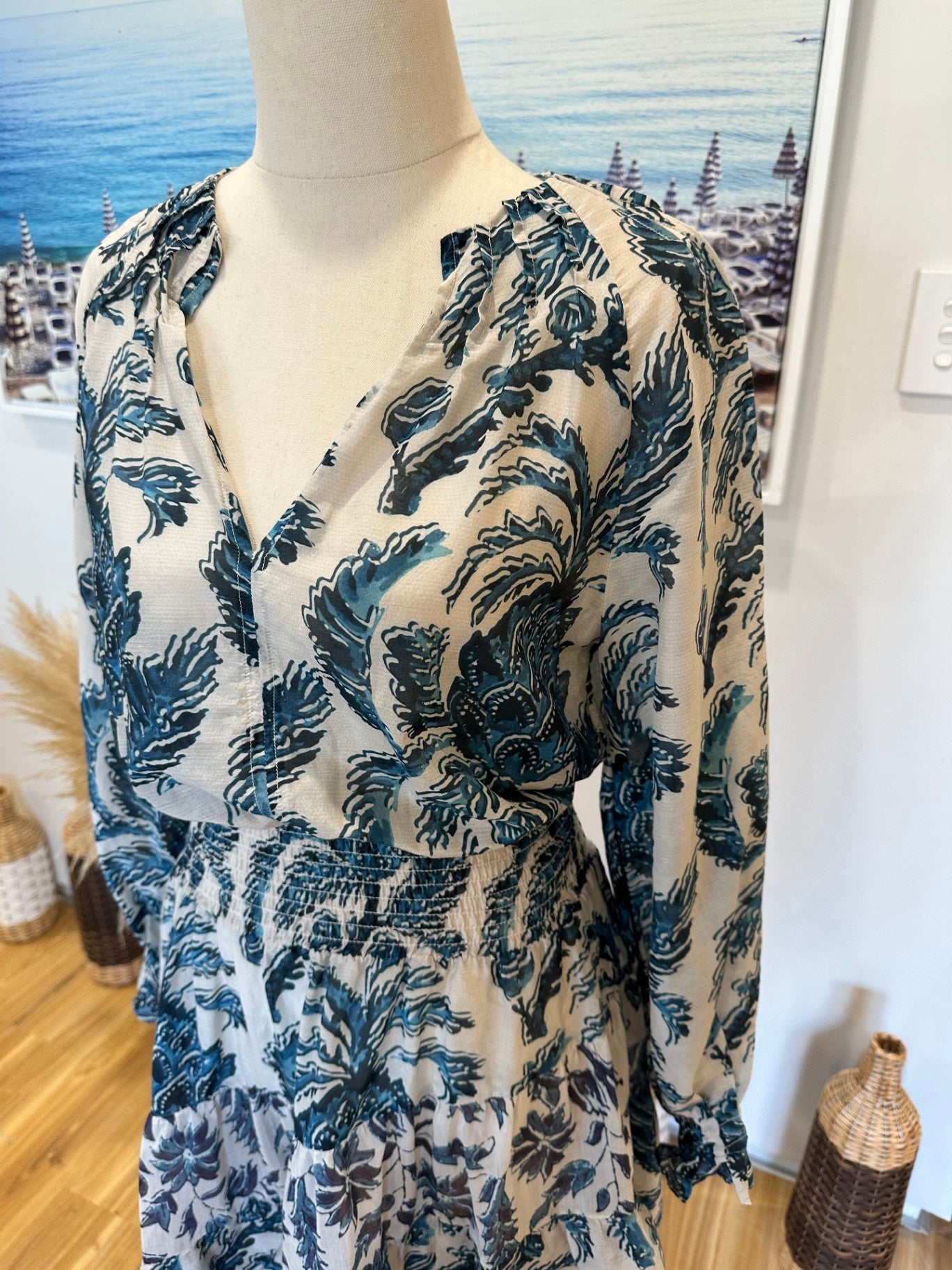 [SALE] OnceWas - Melbourne - 30% Silk + 70% Cotton Dress - Size 1 / Small - Beige and blue RRP: $429.00