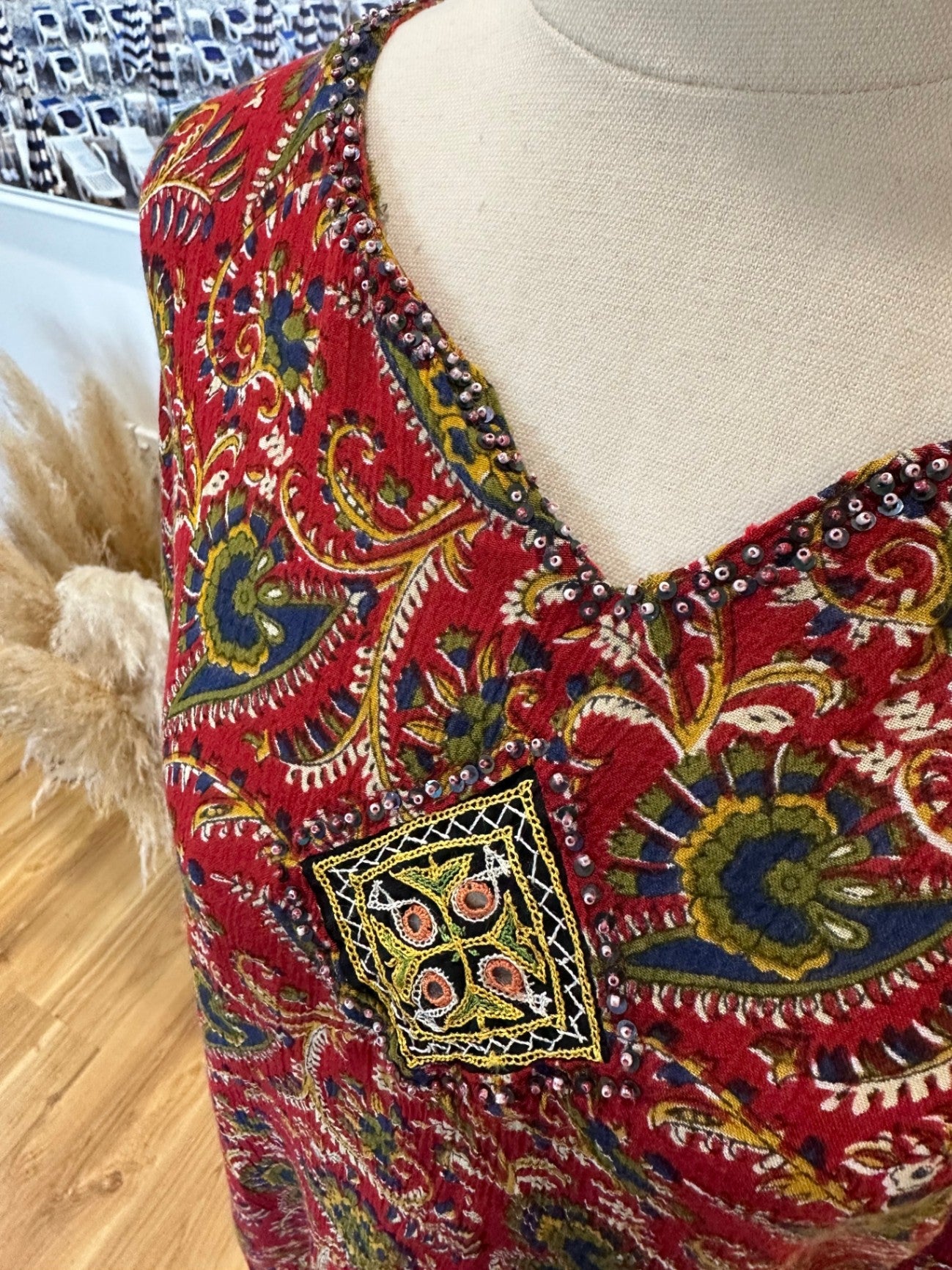 Bohemian Blouse - Red w Bead Neckline - Small