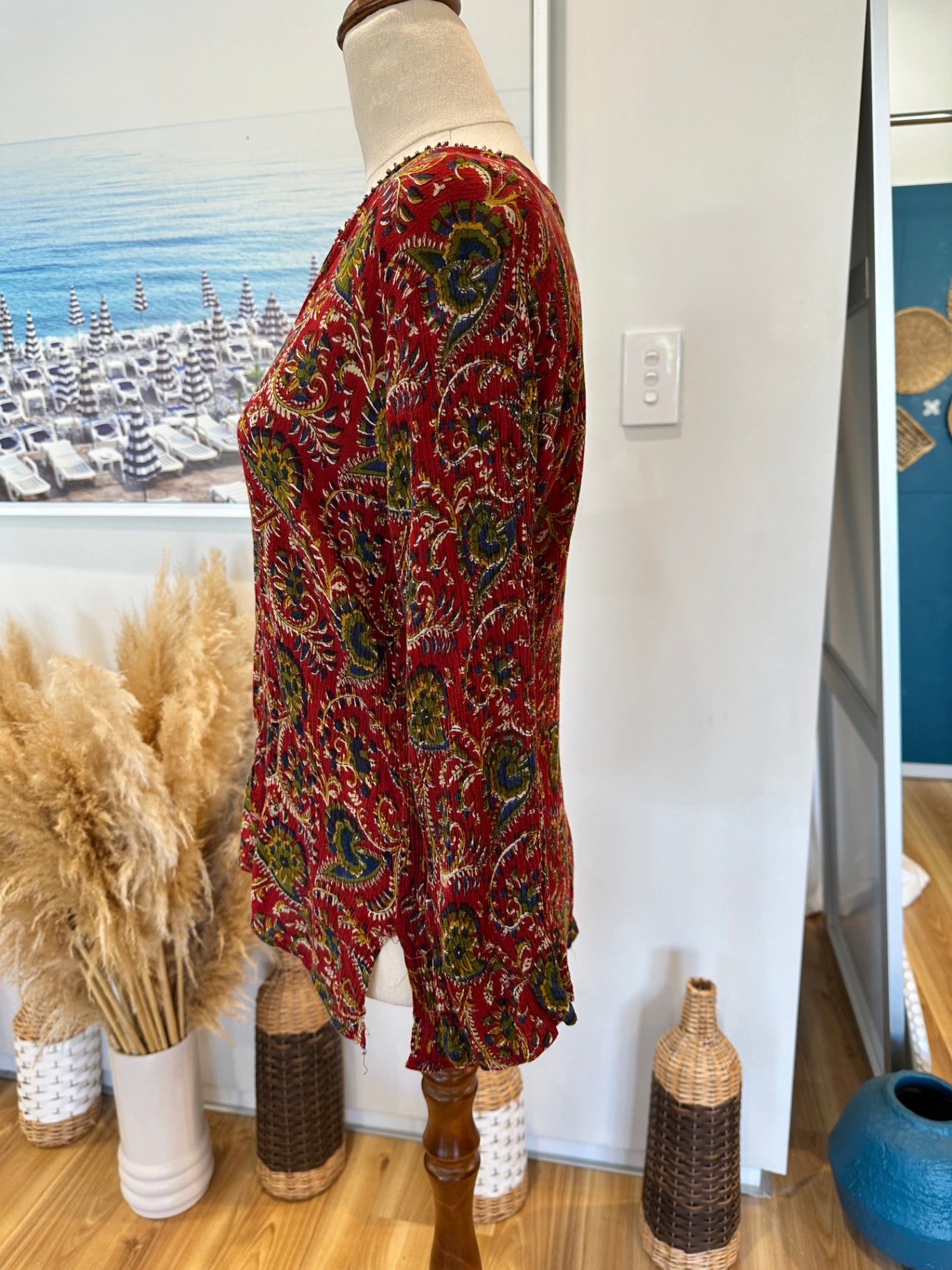 Bohemian Blouse - Red w Bead Neckline - Small