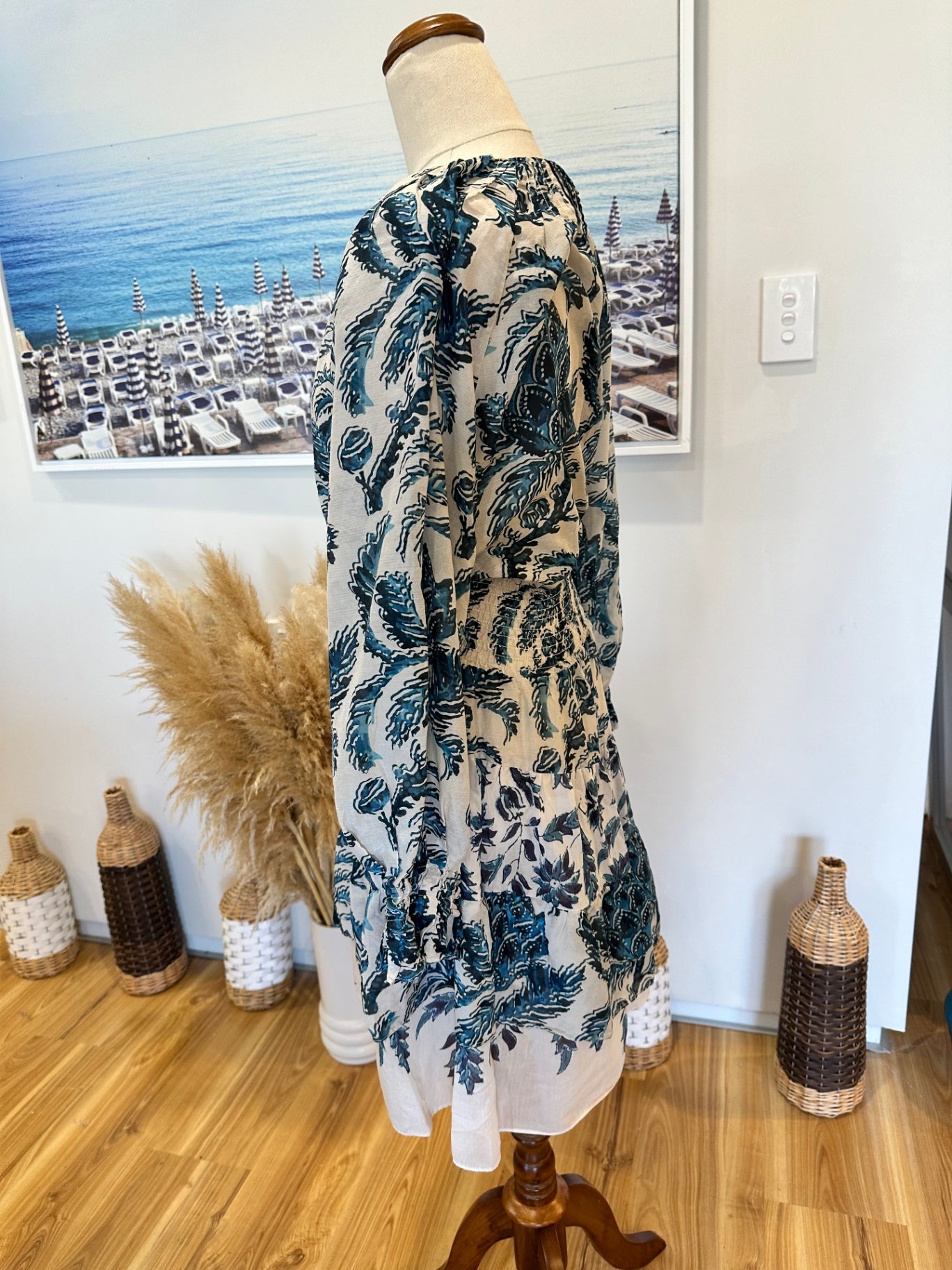 [SALE] OnceWas - Melbourne - 30% Silk + 70% Cotton Dress - Size 1 / Small - Beige and blue RRP: $429.00