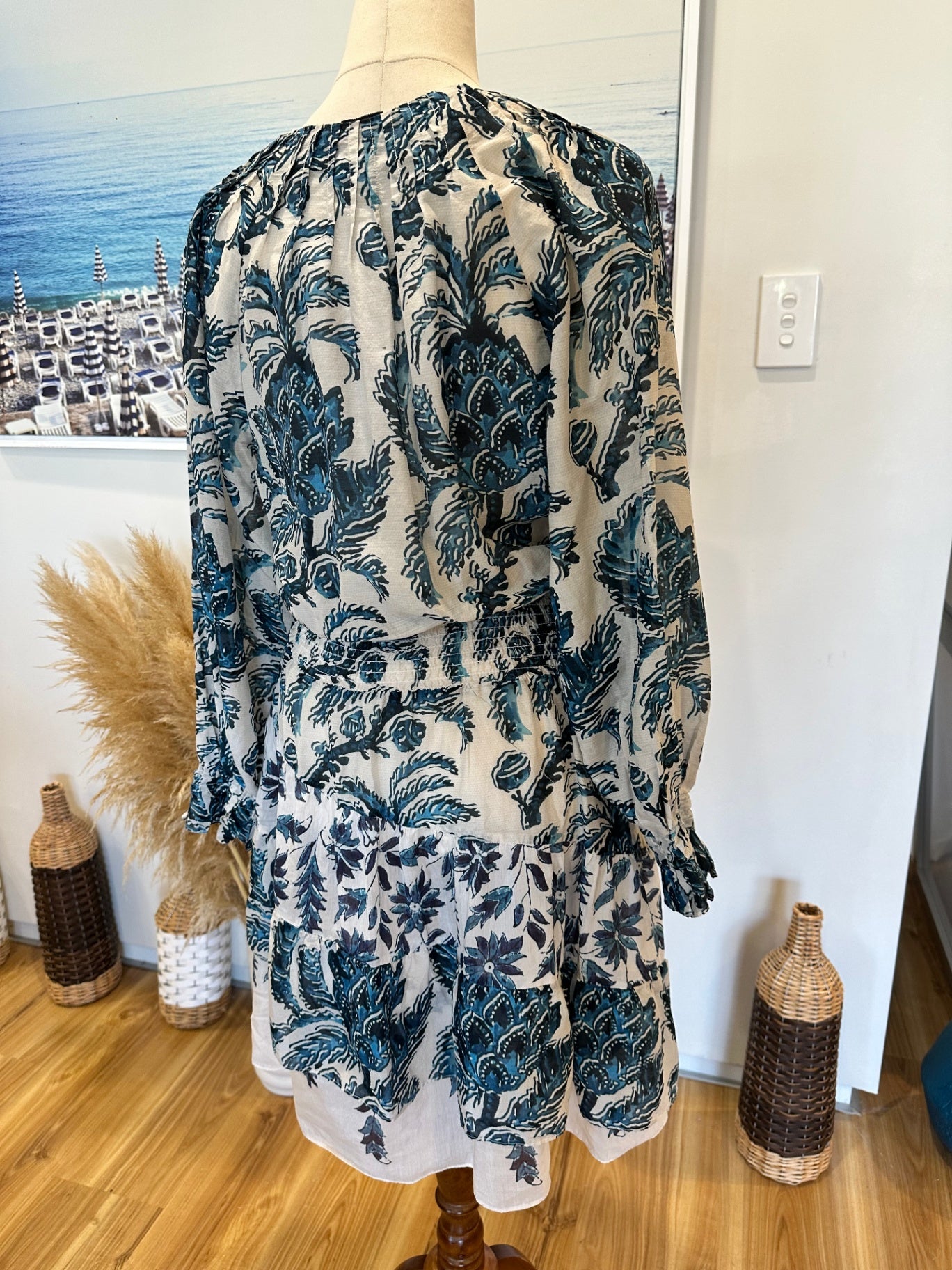 [SALE] OnceWas - Melbourne - 30% Silk + 70% Cotton Dress - Size 1 / Small - Beige and blue RRP: $429.00