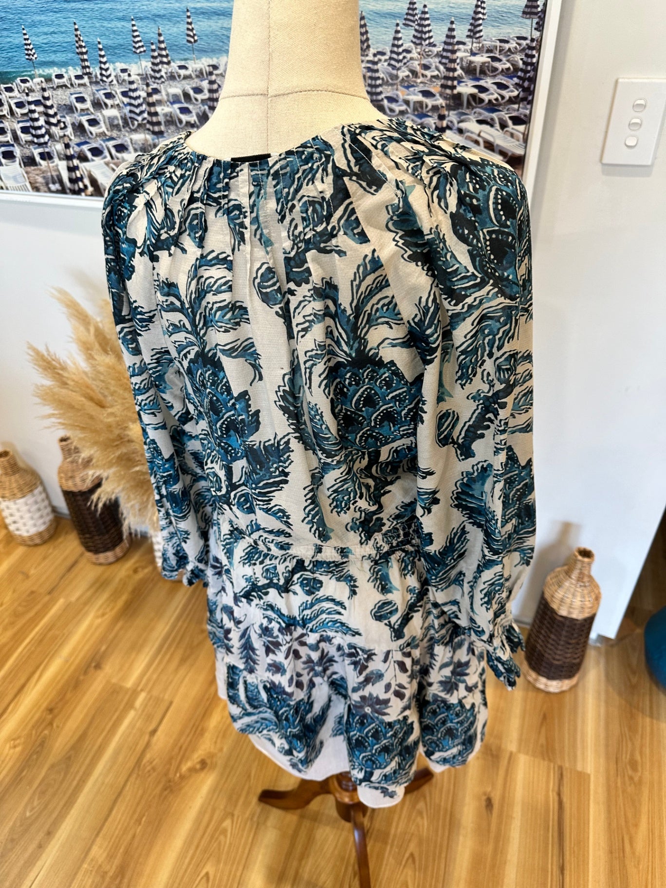 [SALE] OnceWas - Melbourne - 30% Silk + 70% Cotton Dress - Size 1 / Small - Beige and blue RRP: $429.00