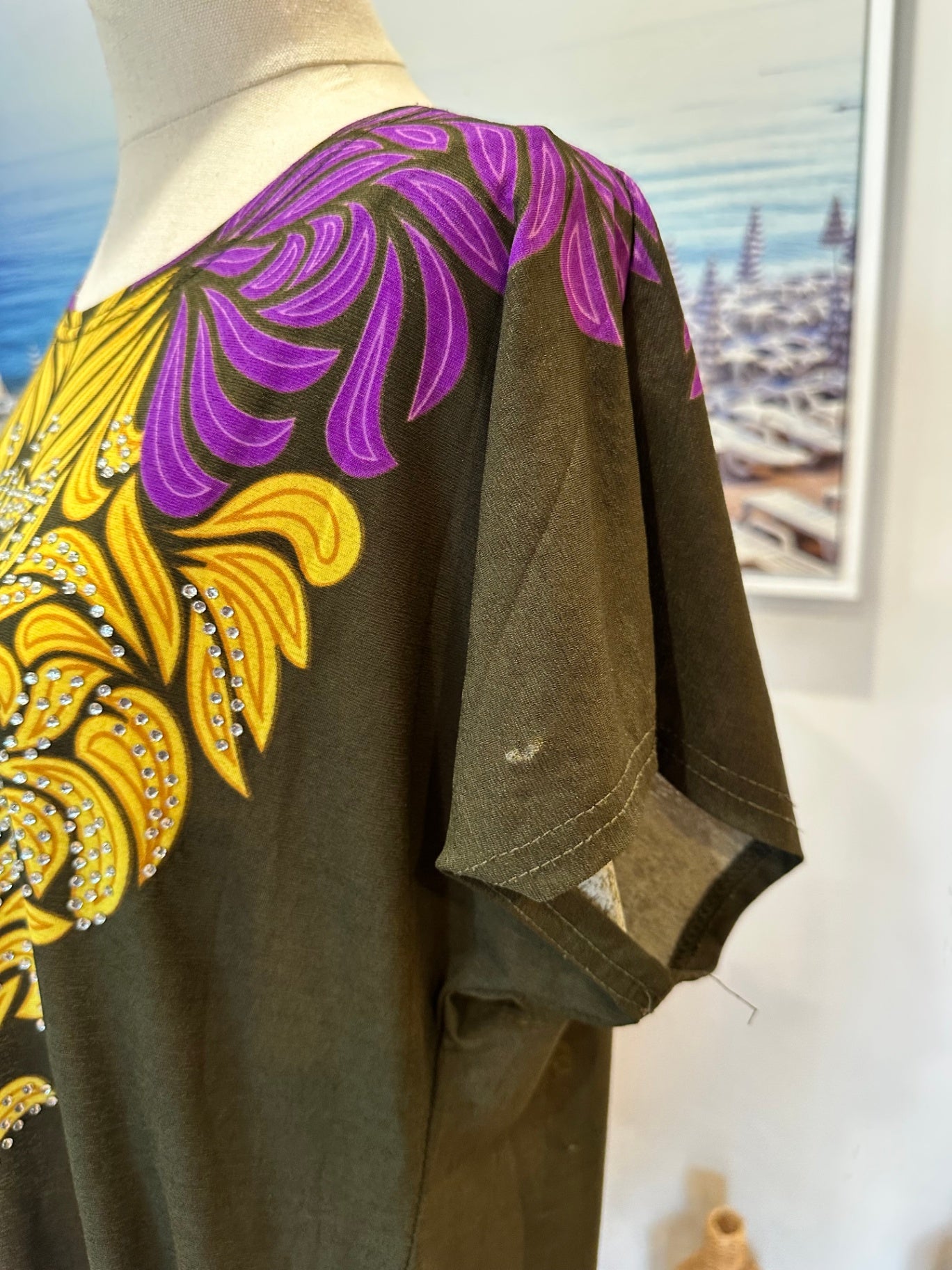 Boho Dress - Small / Medium - Brown with yellow, purple, and orange patterns