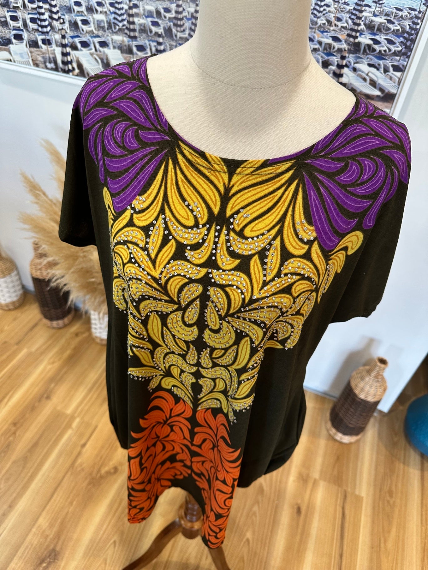 Boho Dress - Small / Medium - Brown with yellow, purple, and orange patterns