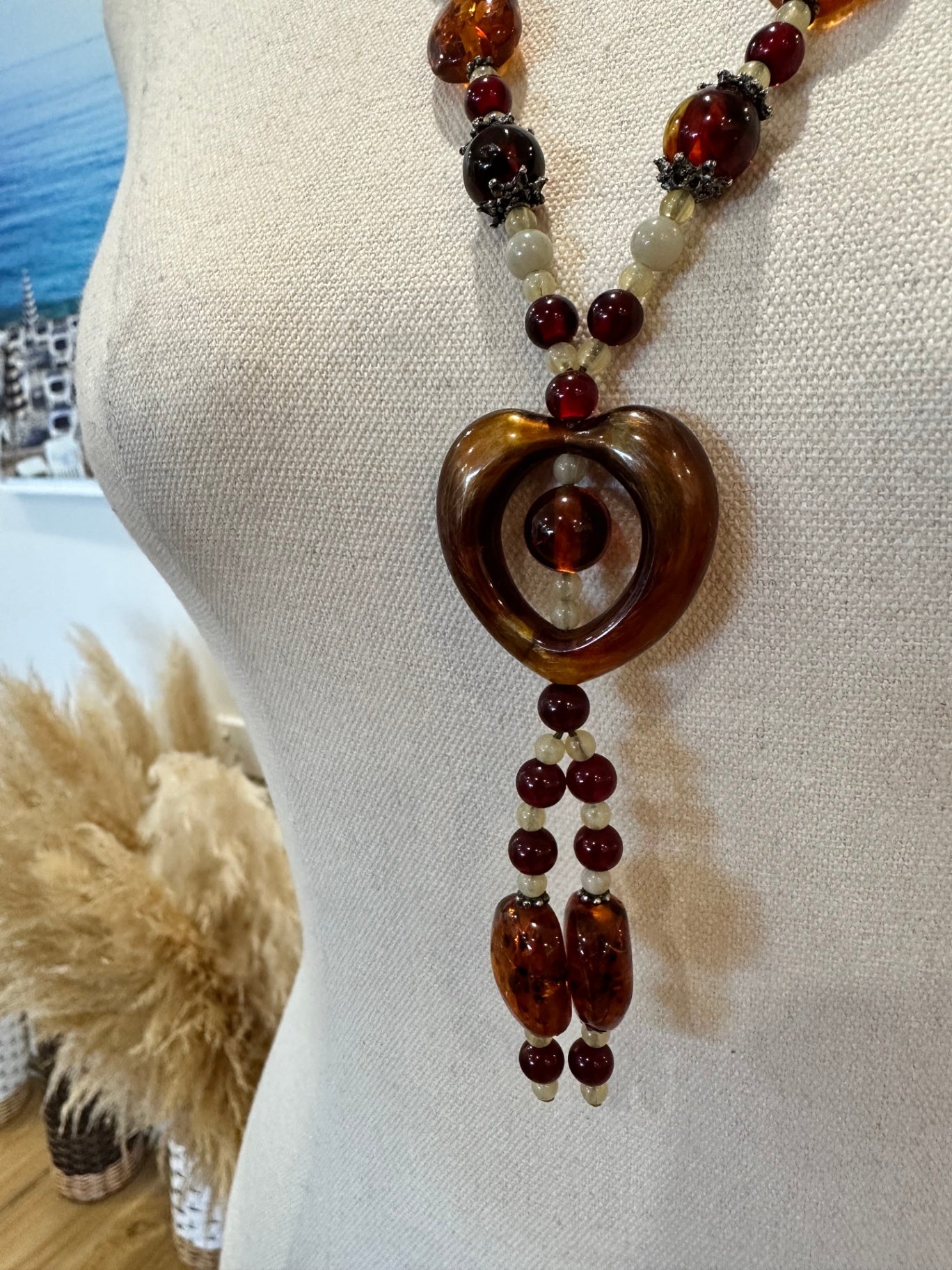 Necklace - Amber and Brown with Heart Pendant