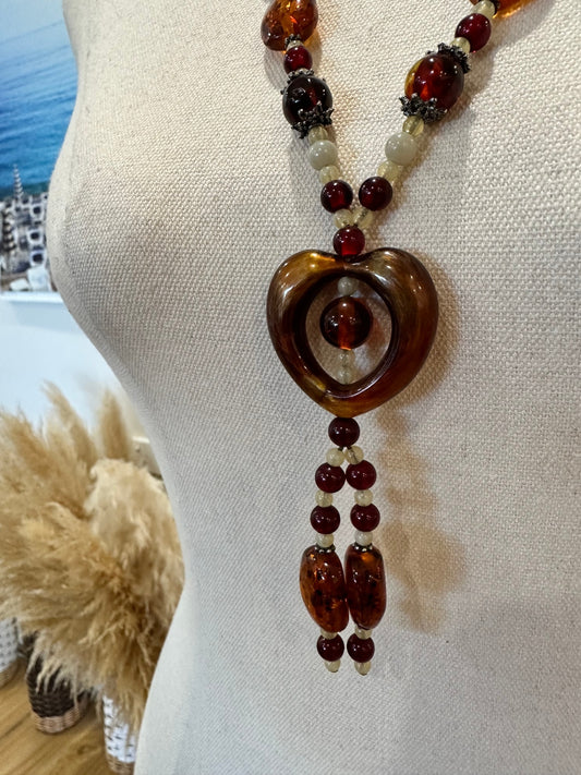 Necklace - Amber and Brown with Heart Pendant