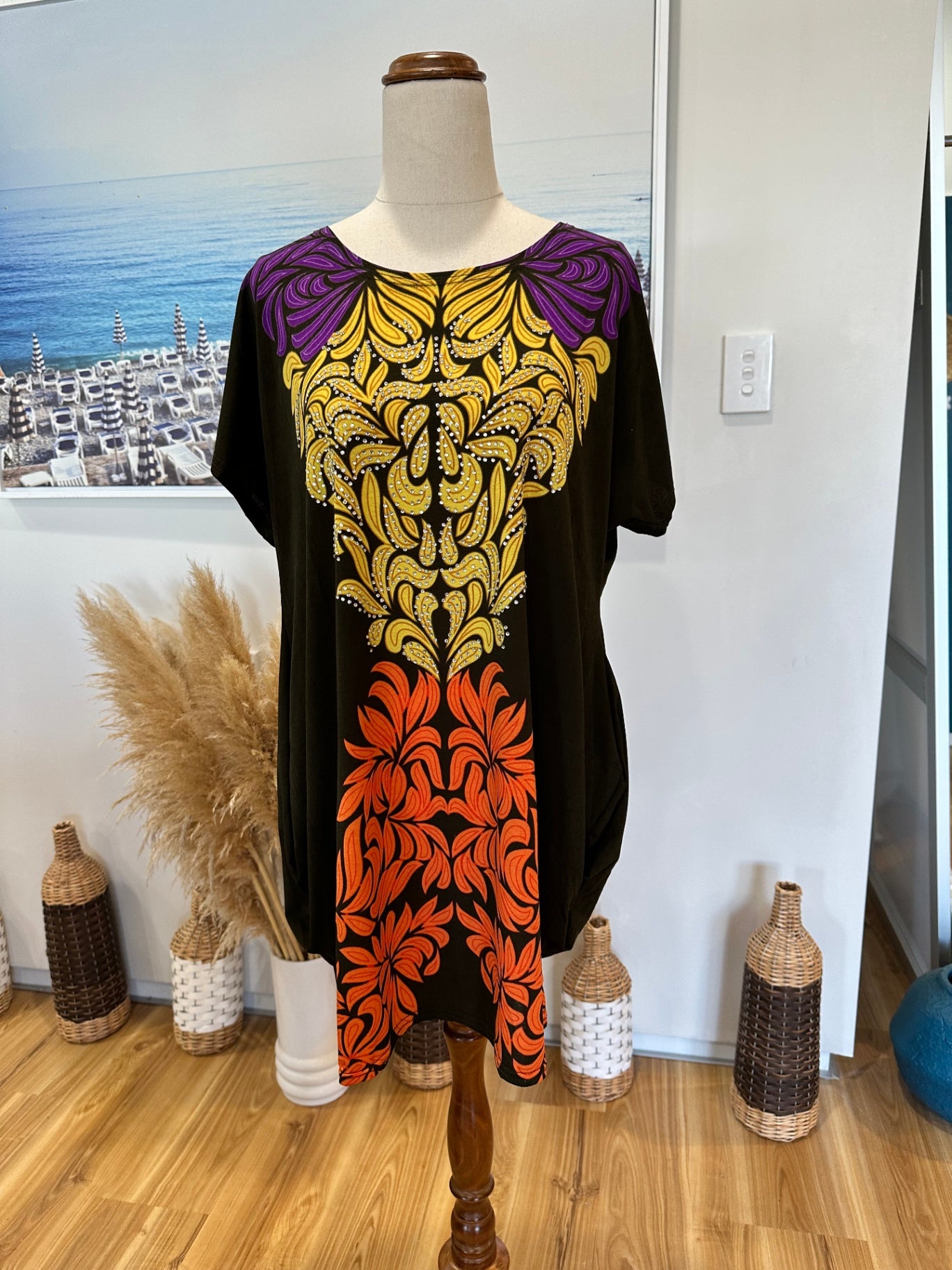 Boho Dress - Small / Medium - Brown with yellow, purple, and orange patterns
