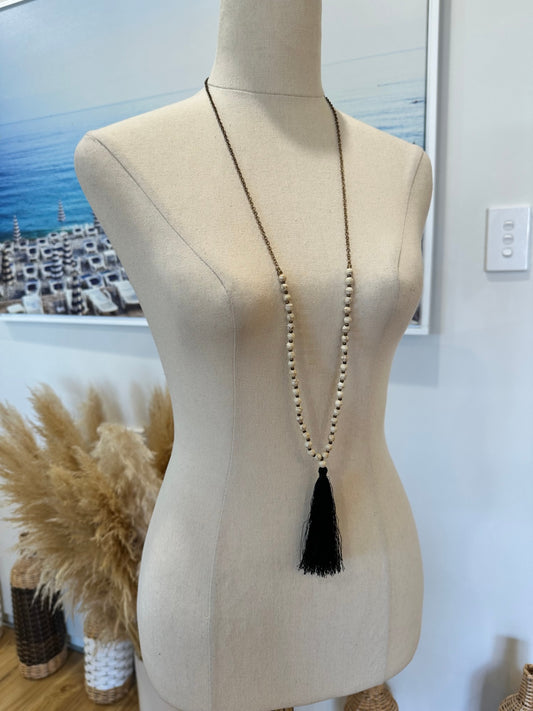 Tassel Necklace - Beige + Black