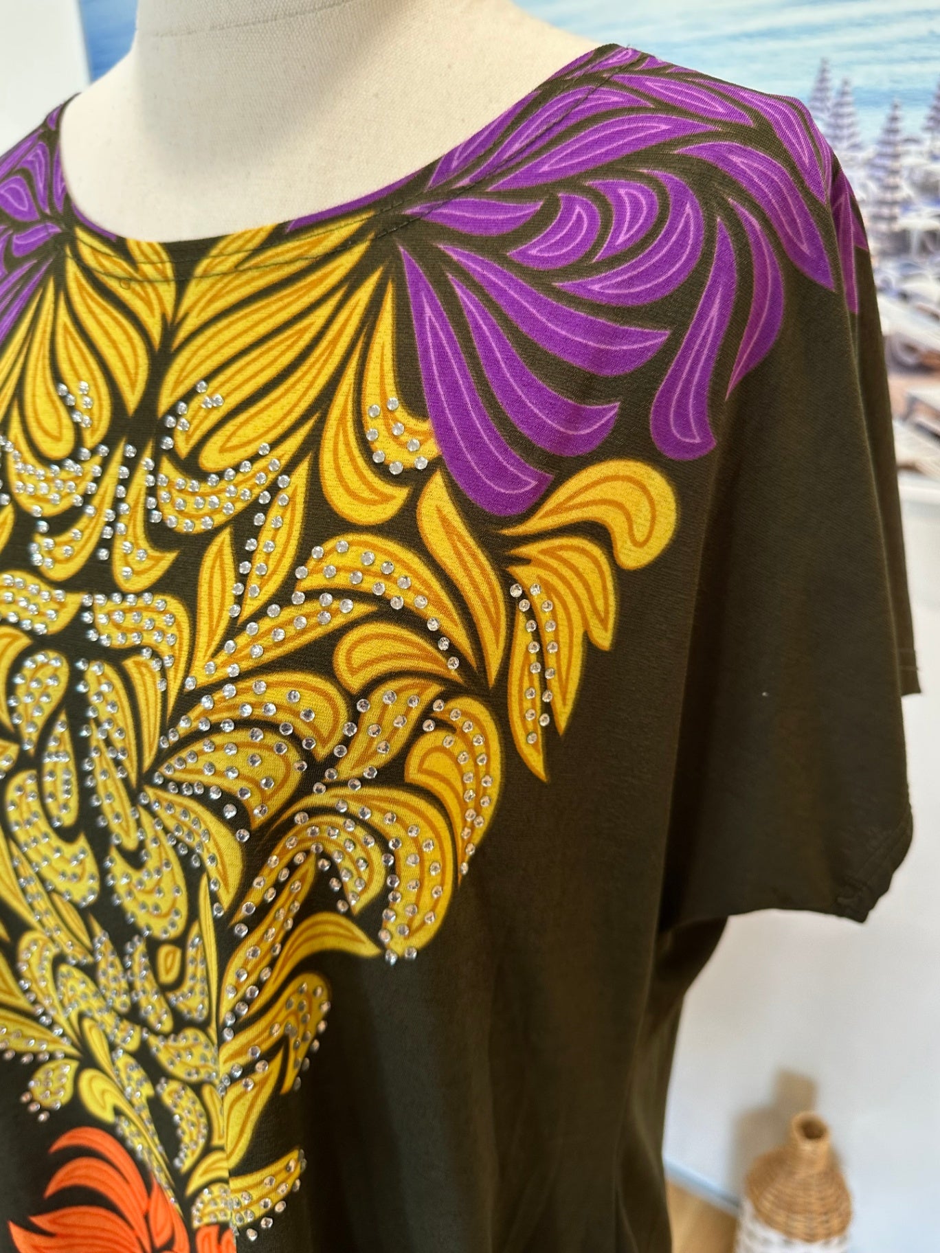 Boho Dress - Small / Medium - Brown with yellow, purple, and orange patterns