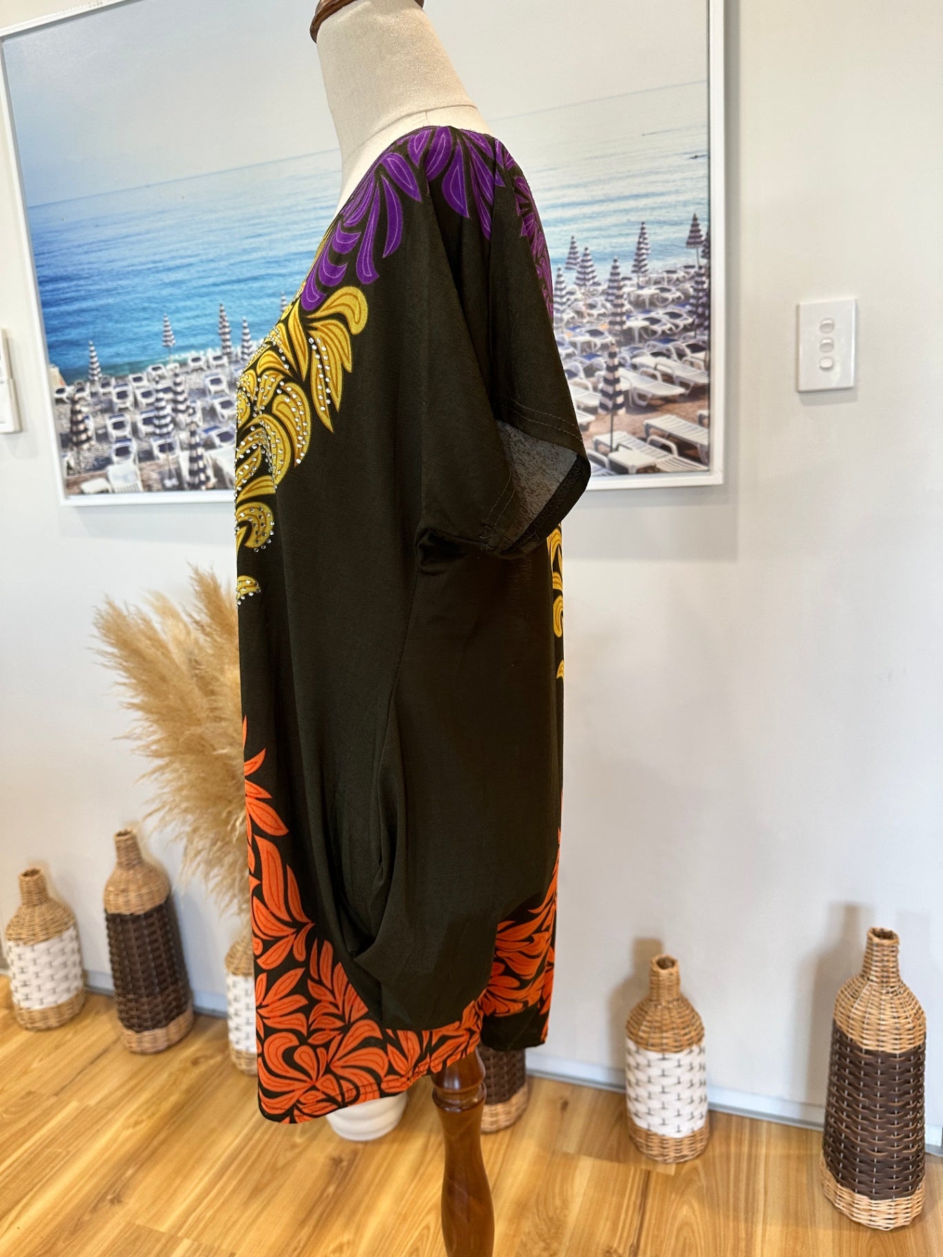Boho Dress - Small / Medium - Brown with yellow, purple, and orange patterns