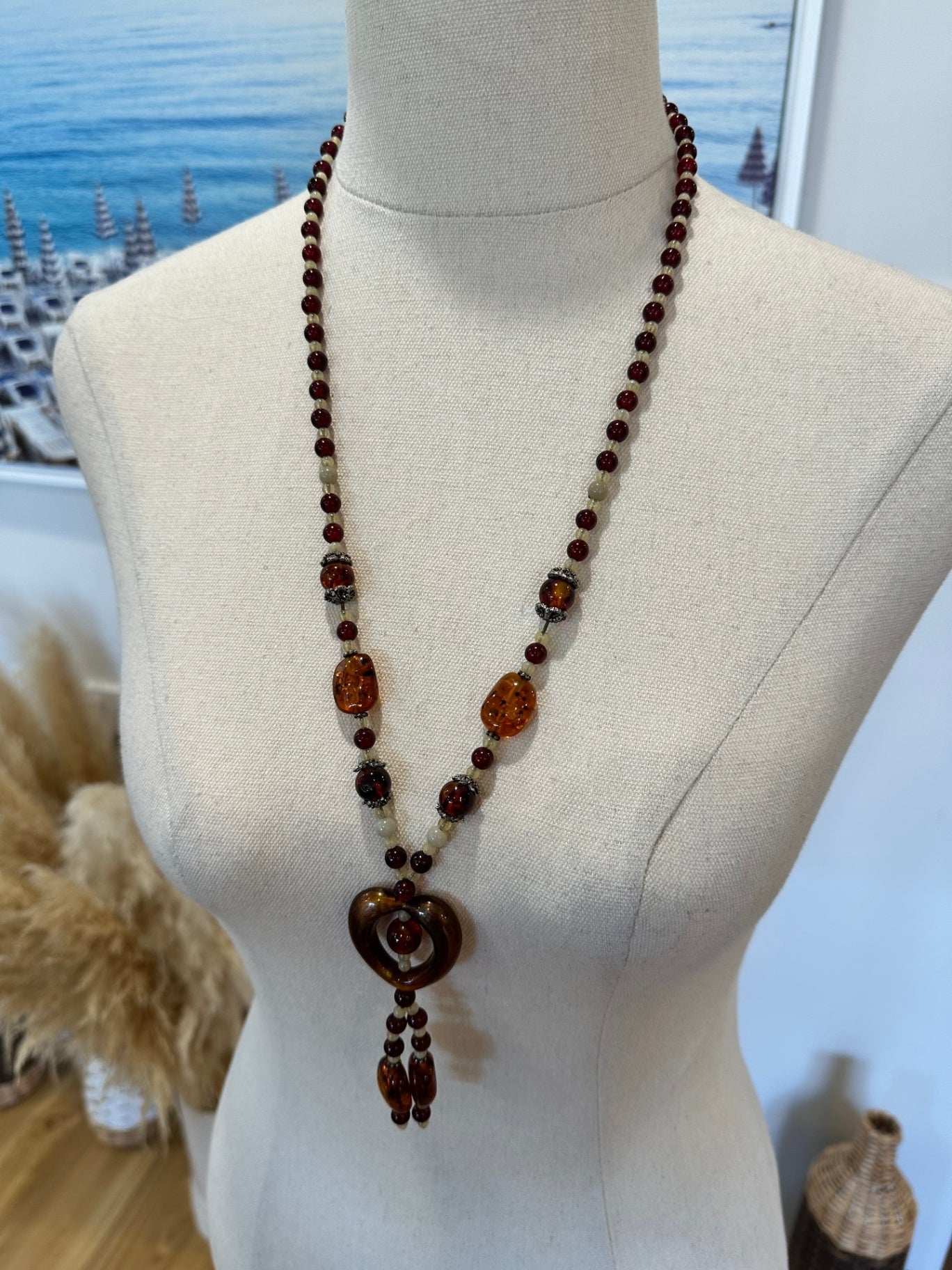 Necklace - Amber and Brown with Heart Pendant
