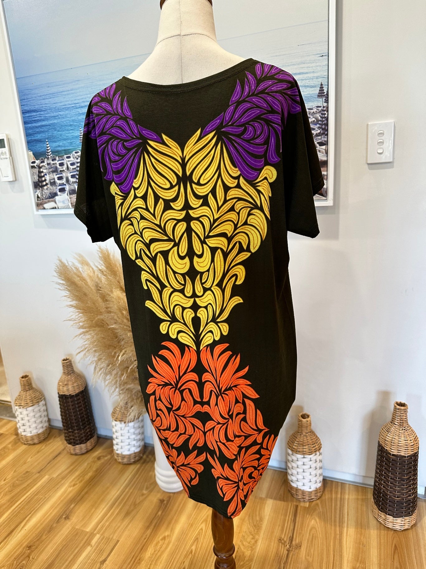 Boho Dress - Small / Medium - Brown with yellow, purple, and orange patterns