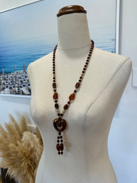 Necklace - Amber and Brown with Heart Pendant