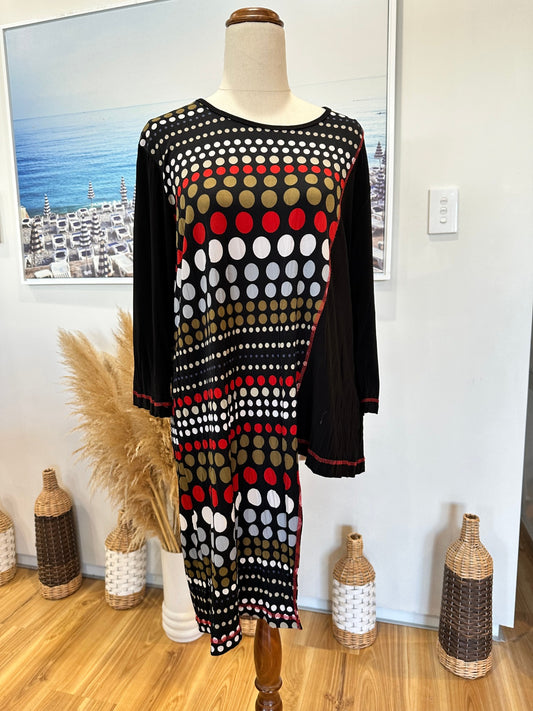 David Carmody - Asymmetrical Top - Size 16 - Black with red, white, and gold patterns