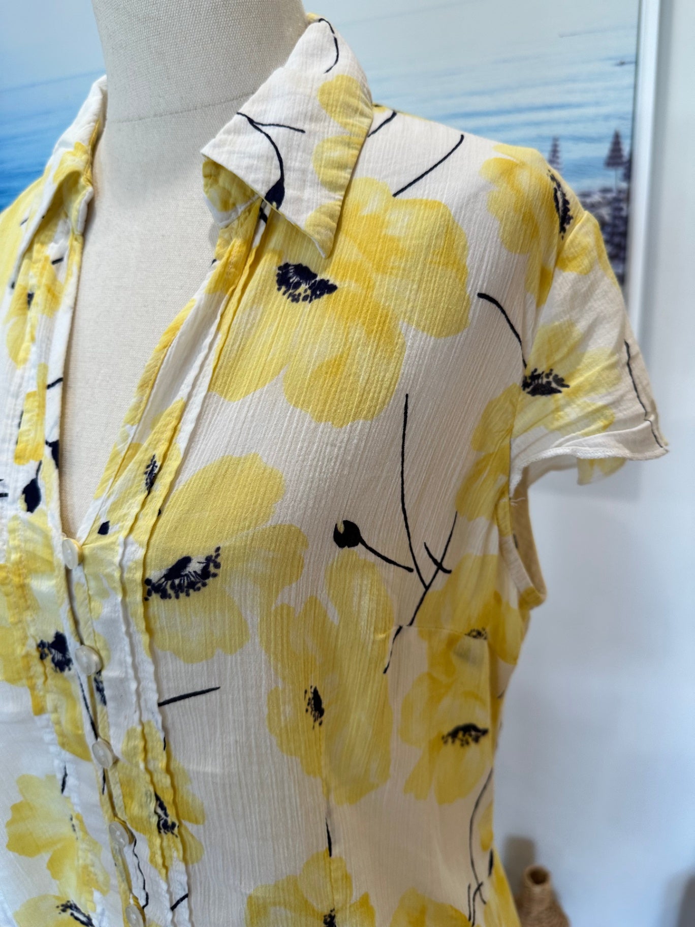 Per Una - Summer Blouse - Size 12 - Yellow Poppies - 100% Cotton
