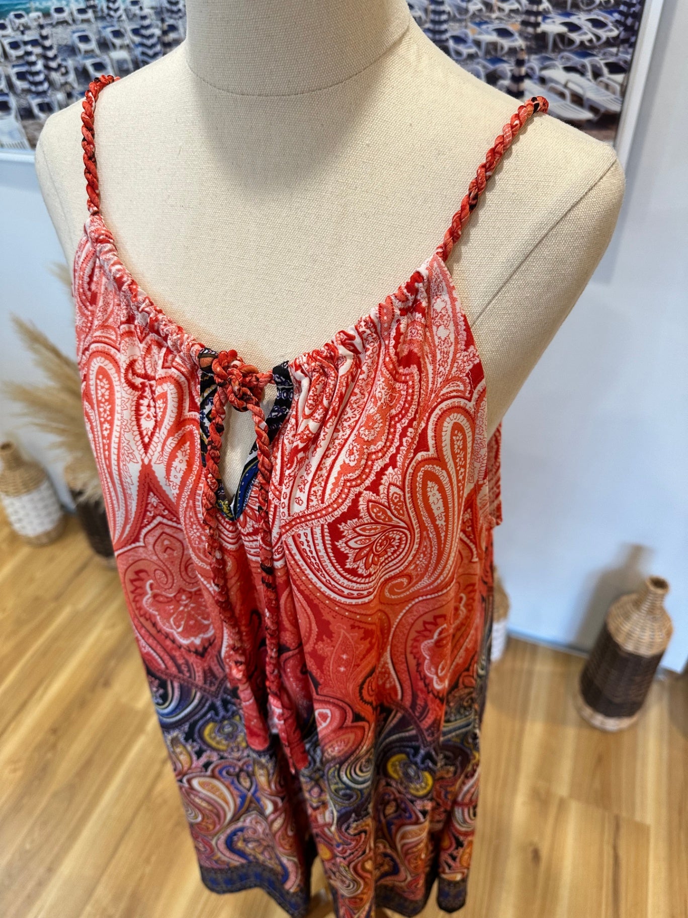 Bohemian Summer Dress - Medium - Paisley Red, Black, Yellow, Blue + White