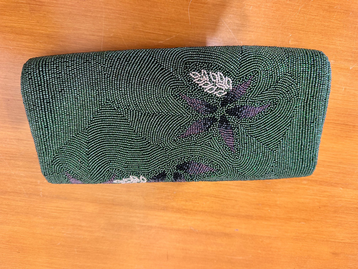 Vintage Beaded Clutch - Green w Floral Motif