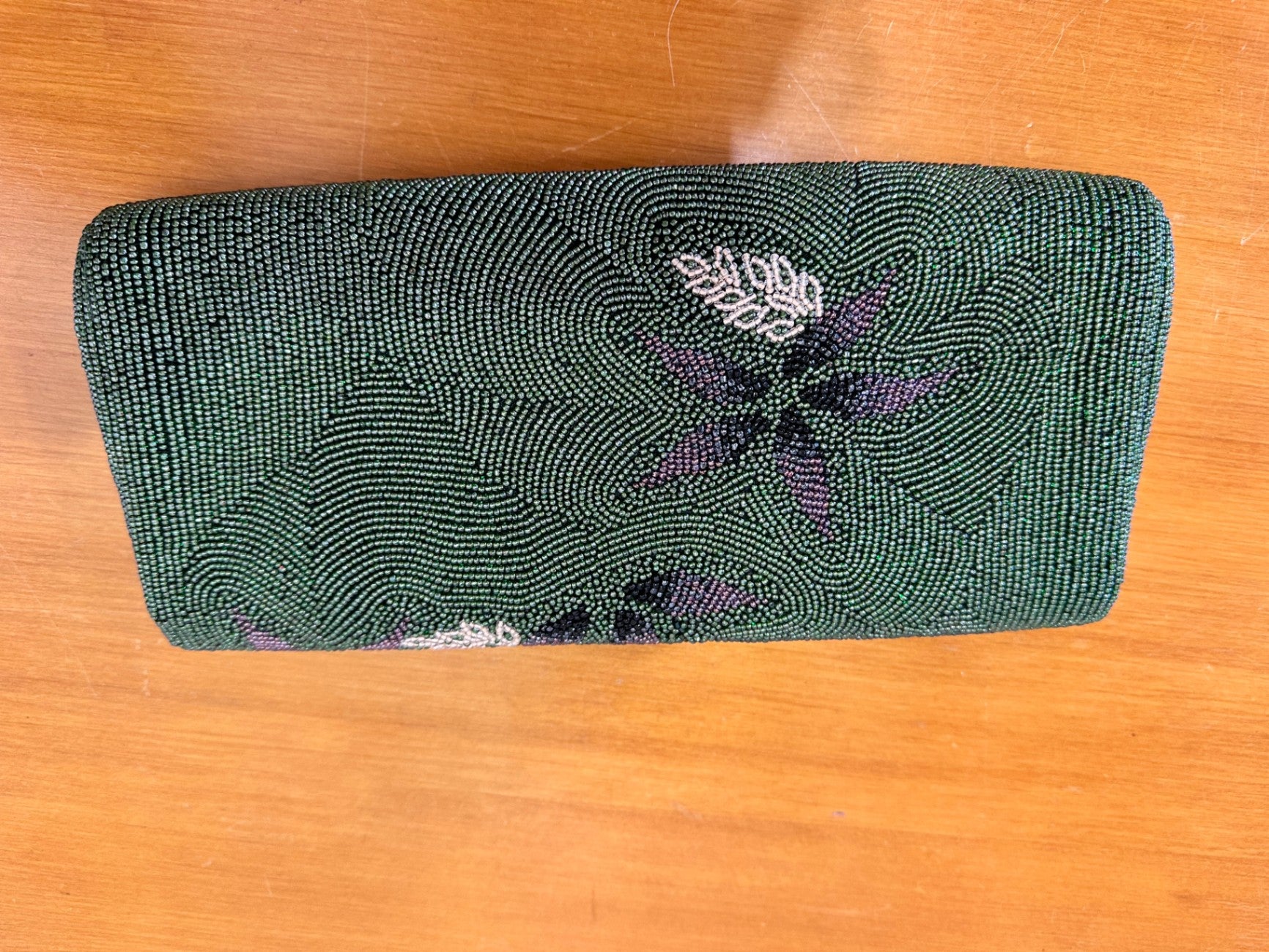Vintage Beaded Clutch - Green w Floral Motif