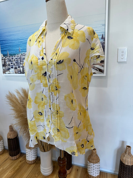 Per Una - Summer Blouse - Size 12 - Yellow Poppies - 100% Cotton