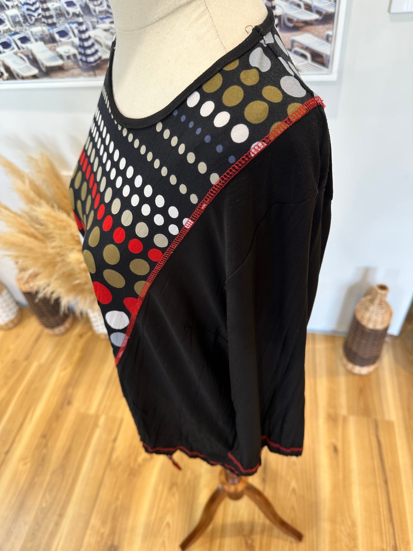David Carmody - Asymmetrical Top - Size 16 - Black with red, white, and gold patterns