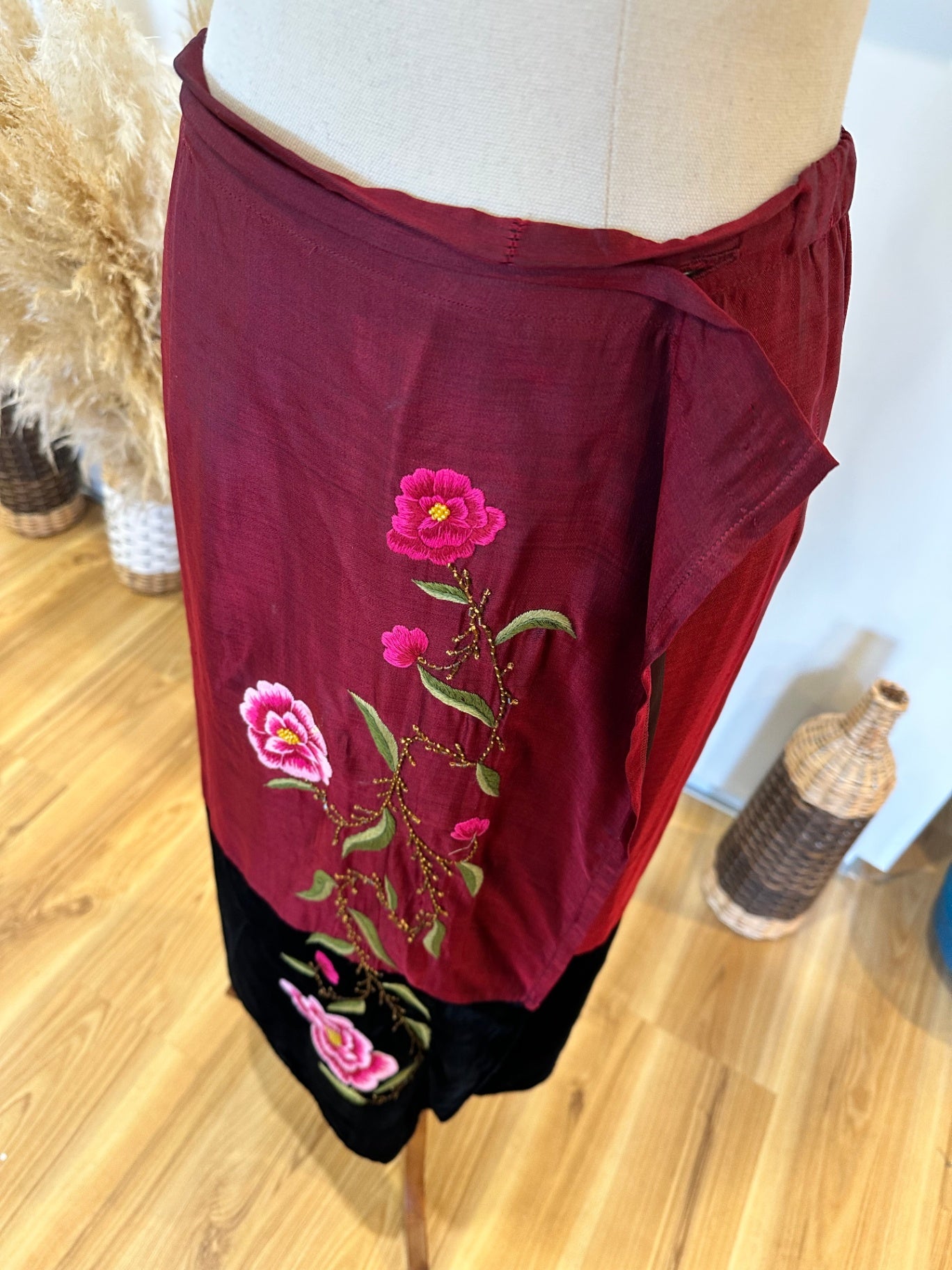 Vintage Skirt - Burgundy and black with pink floral embroidery and beading