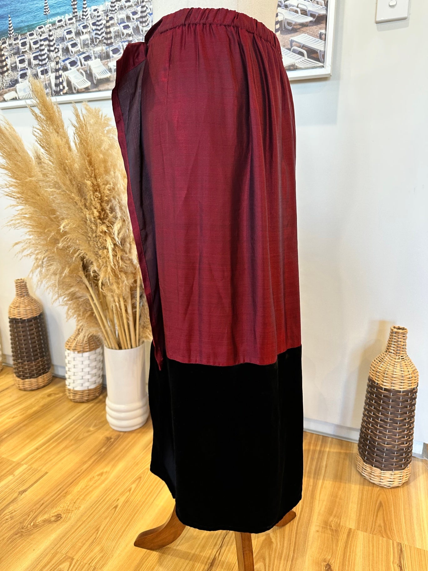 Vintage Skirt - Burgundy and black with pink floral embroidery and beading