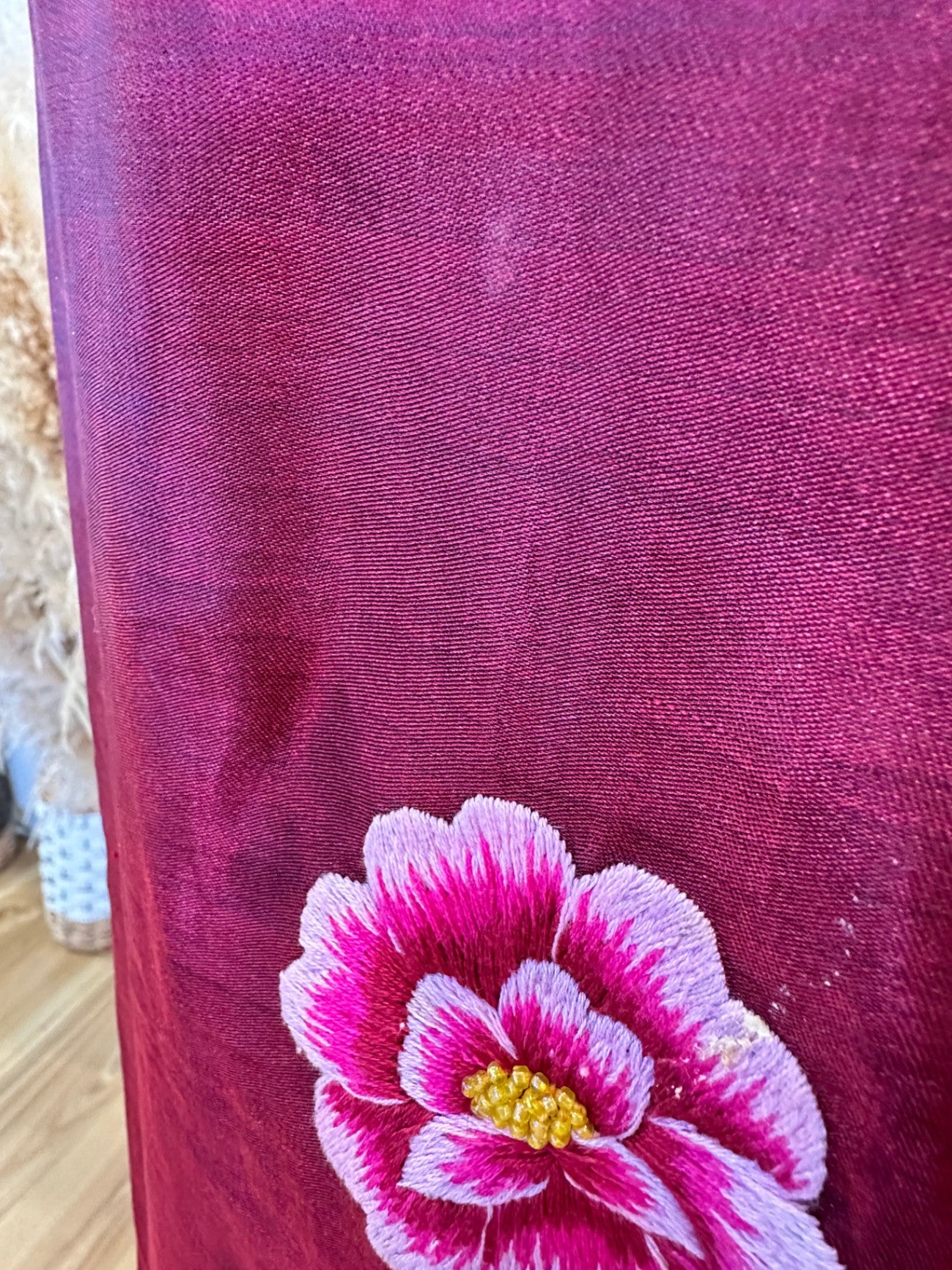 Vintage Skirt - Burgundy and black with pink floral embroidery and beading