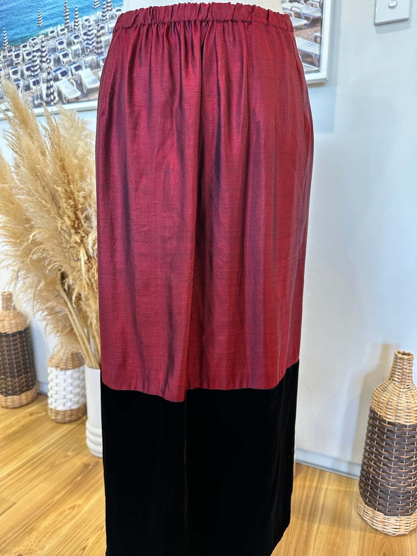 Vintage Skirt - Burgundy and black with pink floral embroidery and beading