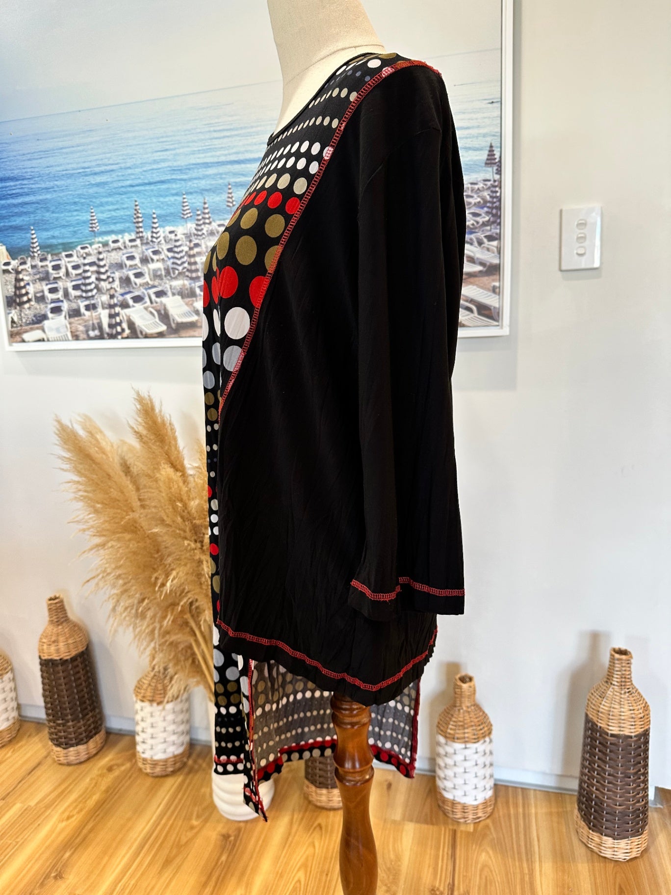 David Carmody - Asymmetrical Top - Size 16 - Black with red, white, and gold patterns