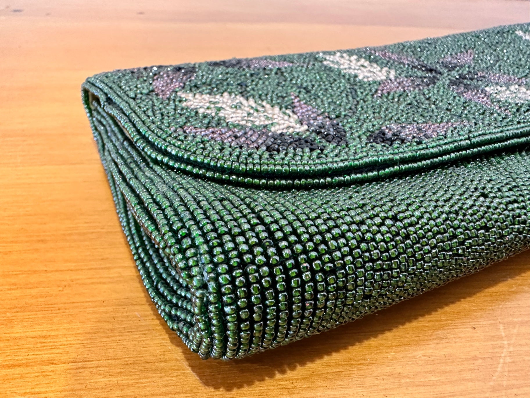 Vintage Beaded Clutch - Green w Floral Motif