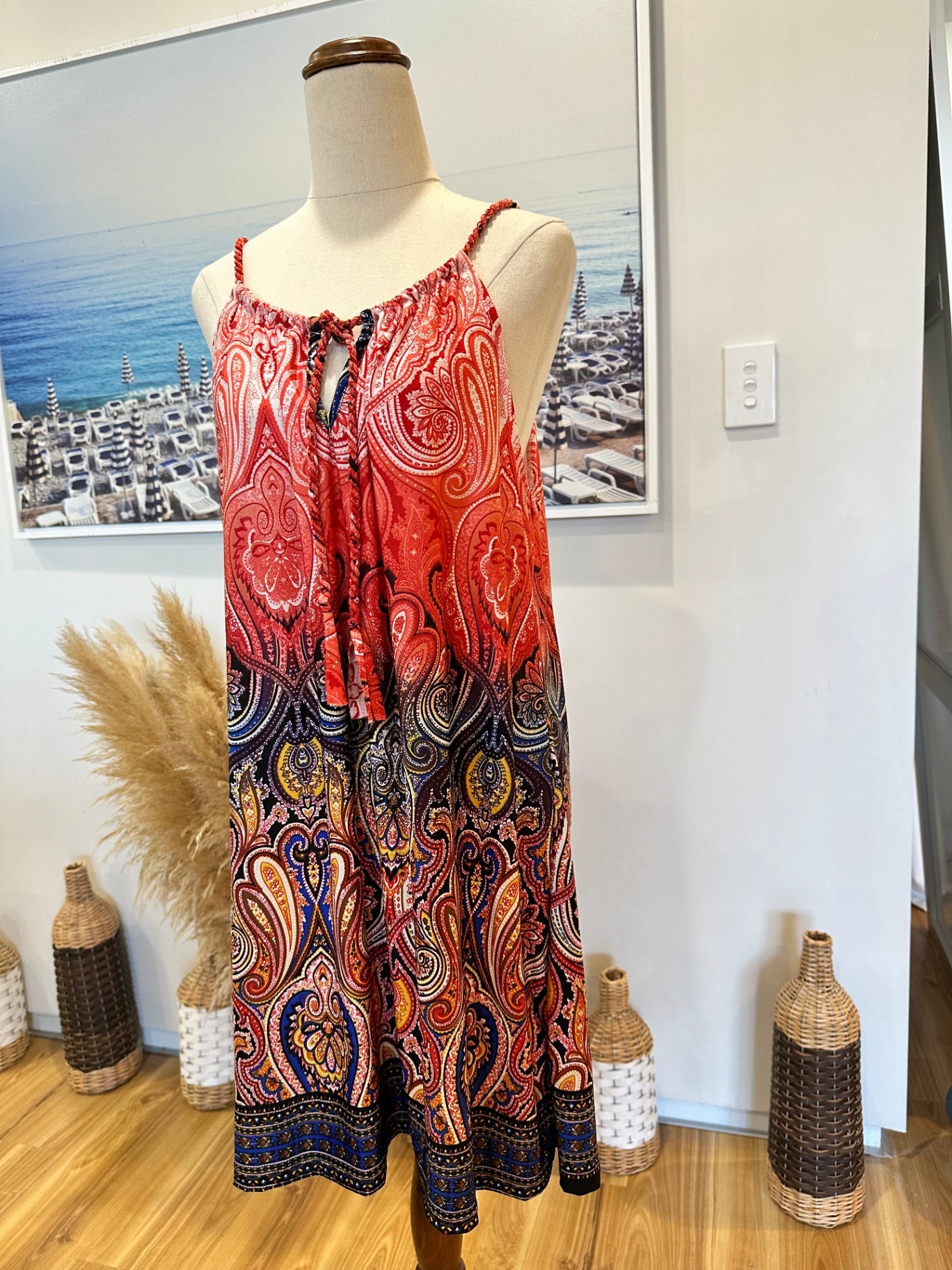 Bohemian Summer Dress - Medium - Paisley Red, Black, Yellow, Blue + White