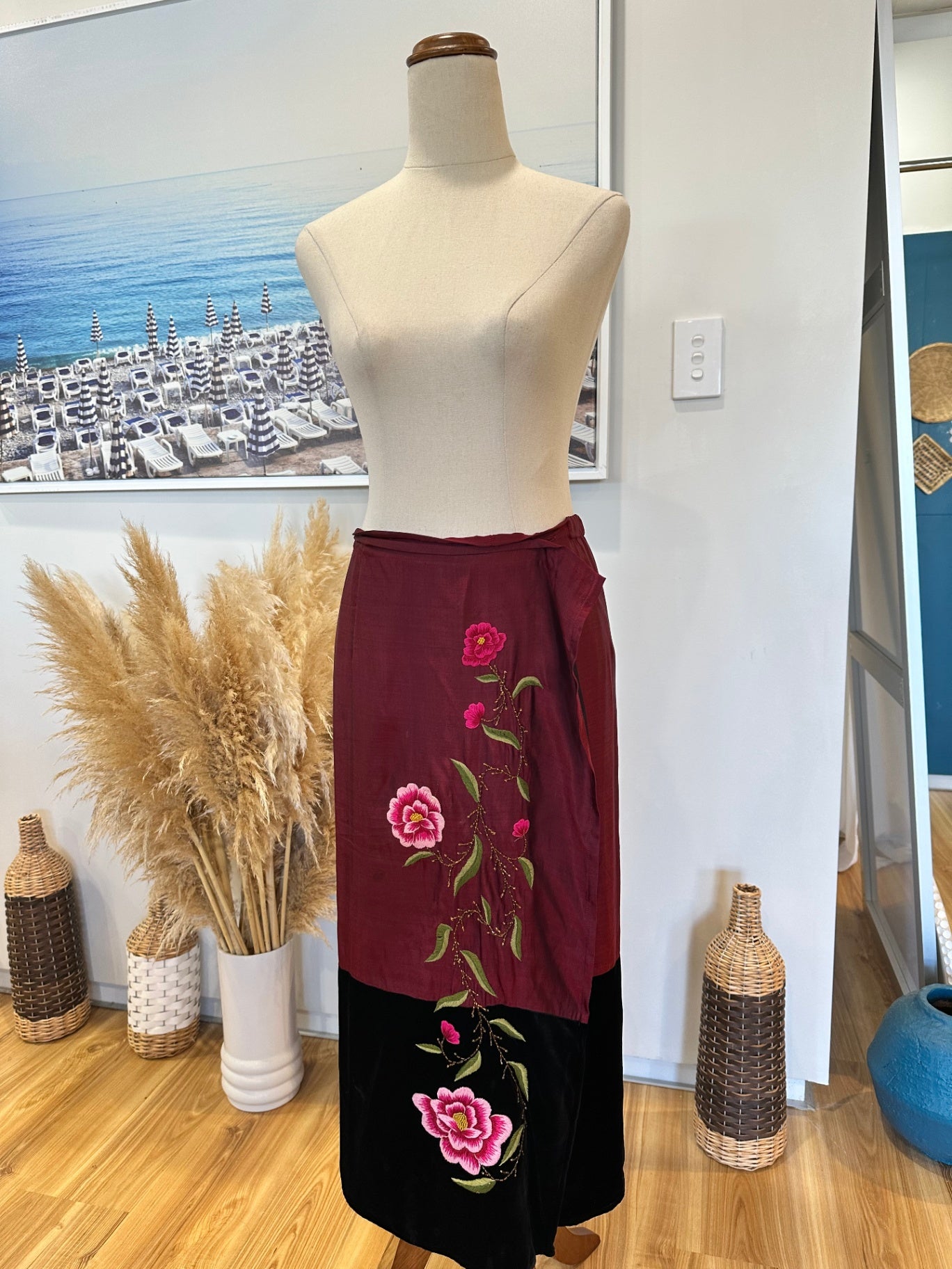Vintage Skirt - Burgundy and black with pink floral embroidery and beading