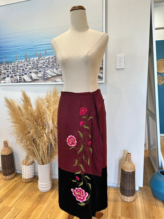 Vintage Skirt - Burgundy and black with pink floral embroidery and beading