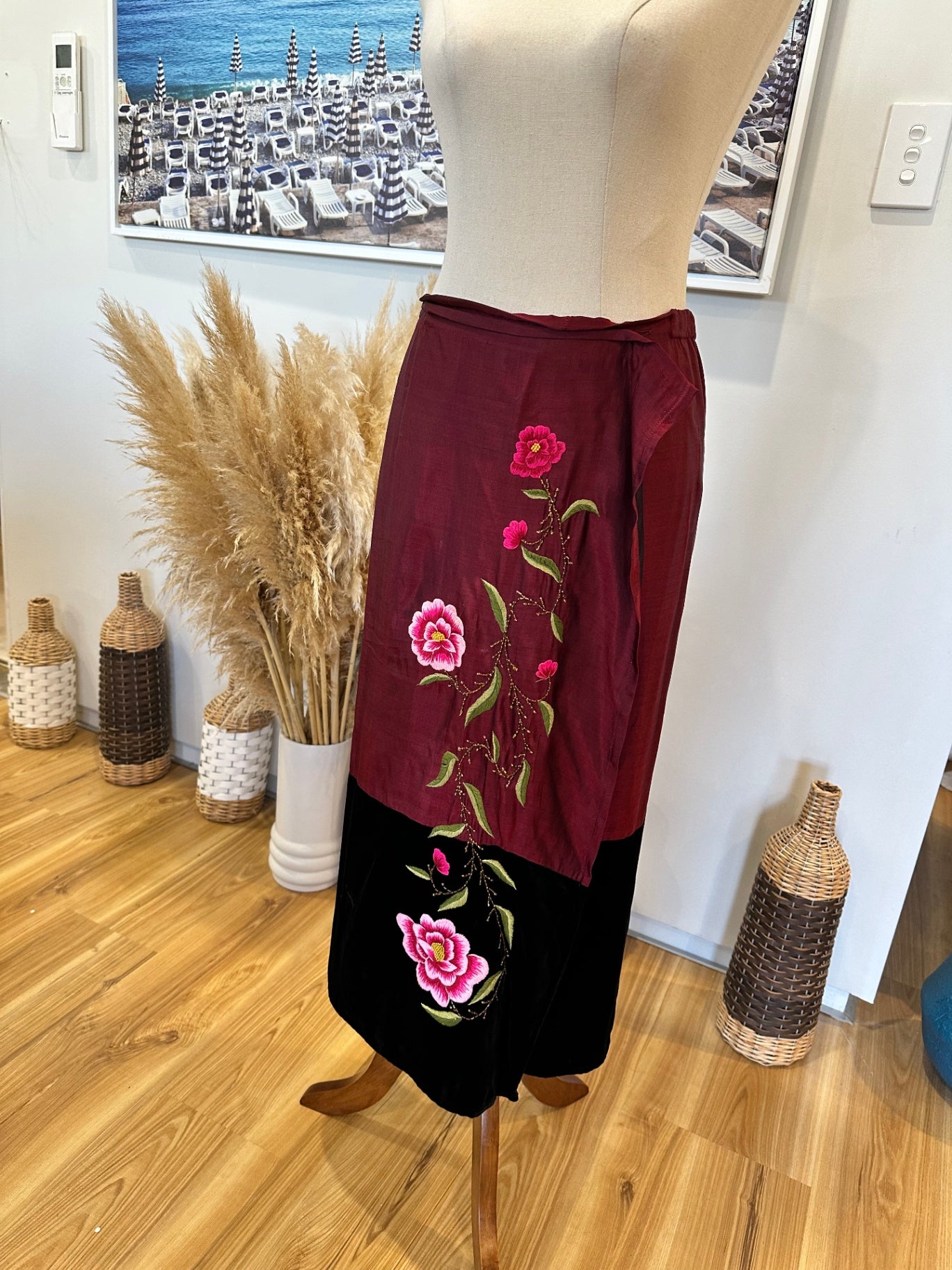 Vintage Skirt - Burgundy and black with pink floral embroidery and beading