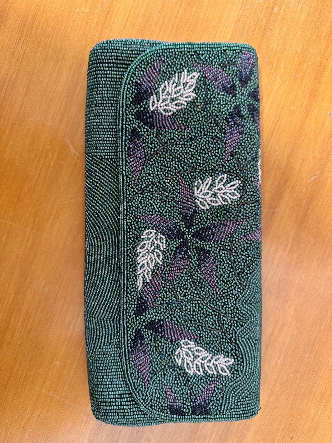 Vintage Beaded Clutch - Green w Floral Motif