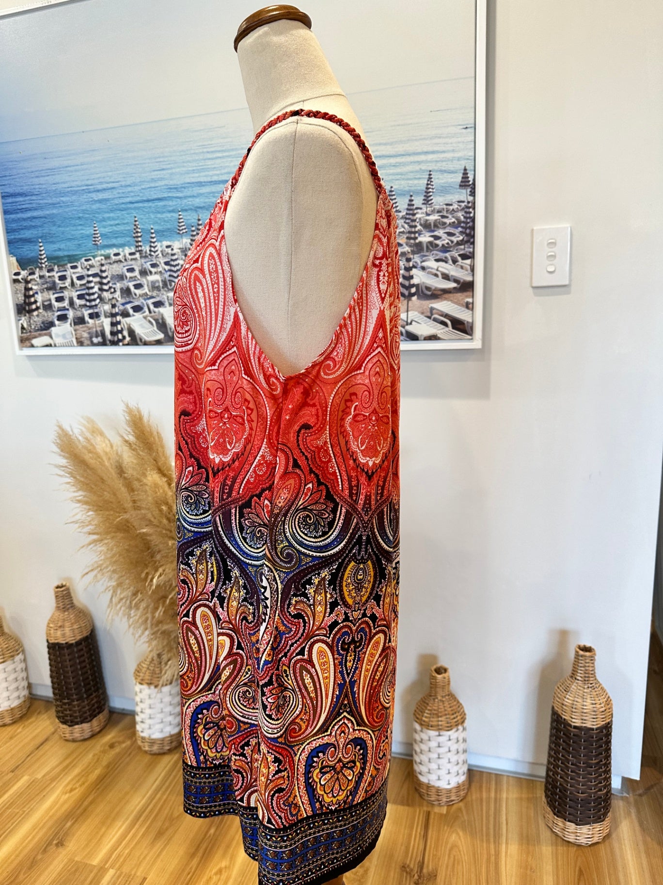 Bohemian Summer Dress - Medium - Paisley Red, Black, Yellow, Blue + White